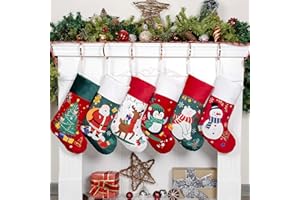 BHD BEAUTY Christmas Stocking 6 Pack White Green Red Velvet Embroidery Pattern Soft Faux Fur for Family Decorations Hanging Ornament for Xmas Holiday Party