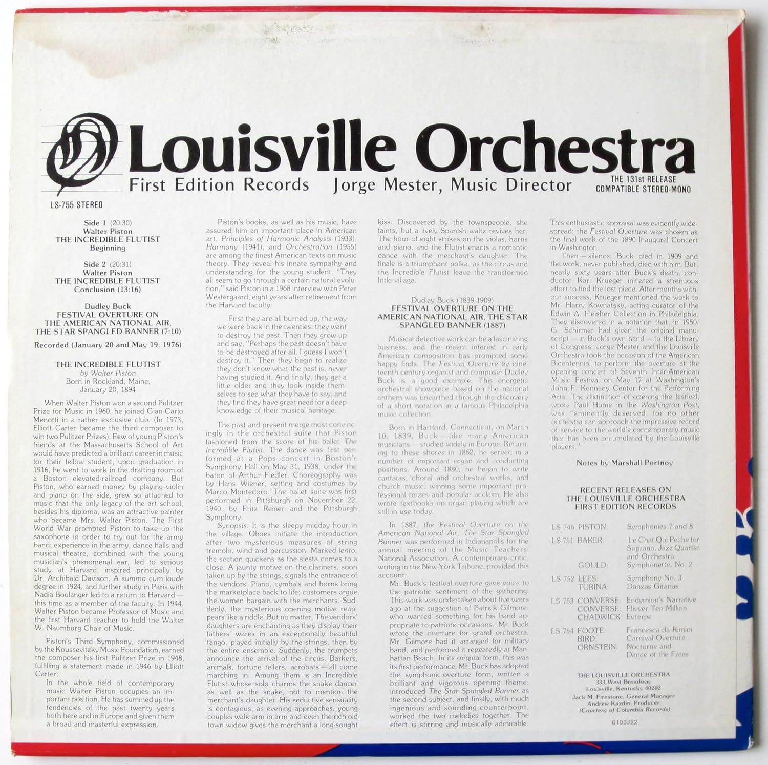 Walter Piston Dudley Buck The Louisville Orchestra Jorge Mester