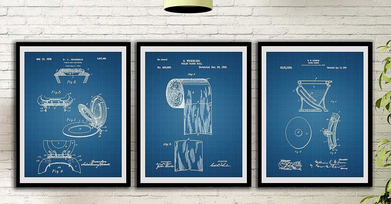 Amazon Com Bathroom Art Blue Print Set Toilet Seat And Cover Toilet Paper Roll Water Closet Bathroom Wall Art Print Wall Decor Home Decor Wall Hanging Handmade