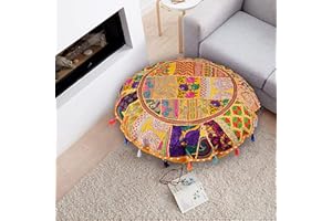 ShakDeco Cotton Khambadiya Cushion Pouf Cases Ottoman Sham Patchwork Large Round Floor Pillow Cover Meditation Cushions Cover 32" Inch (Yellow)