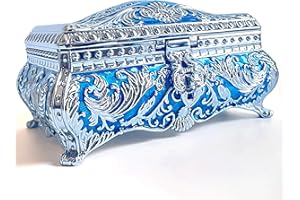 SIWOT Rectangular Classical Patterned Jewelry Box,Metal Retro European Scroll Design Treasure Storage Chest Case for Girls Women (Chrome Blue, Large)