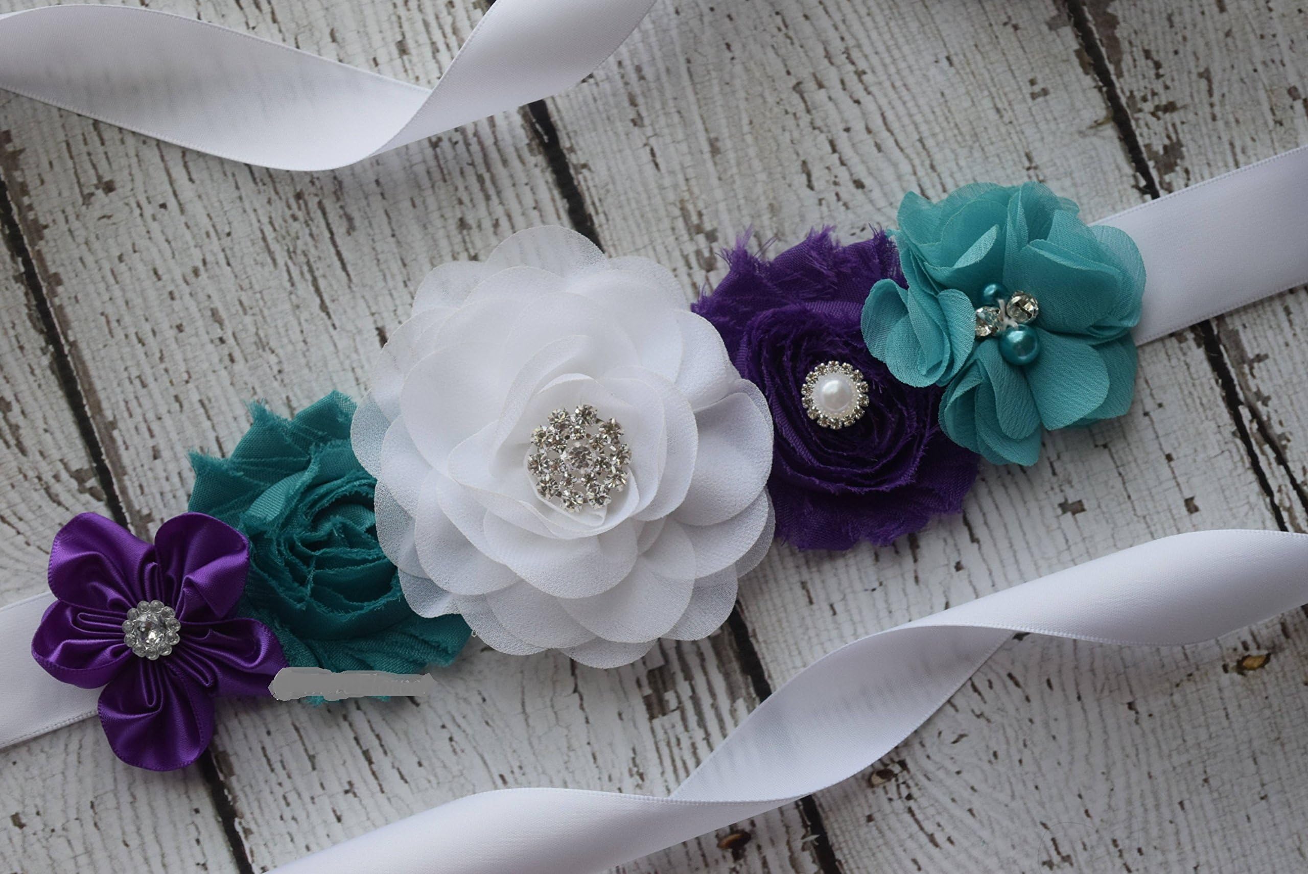 Maternity sash belt, white teal purple Sash, sash, flower Belt, maternity sash, baby shower gift