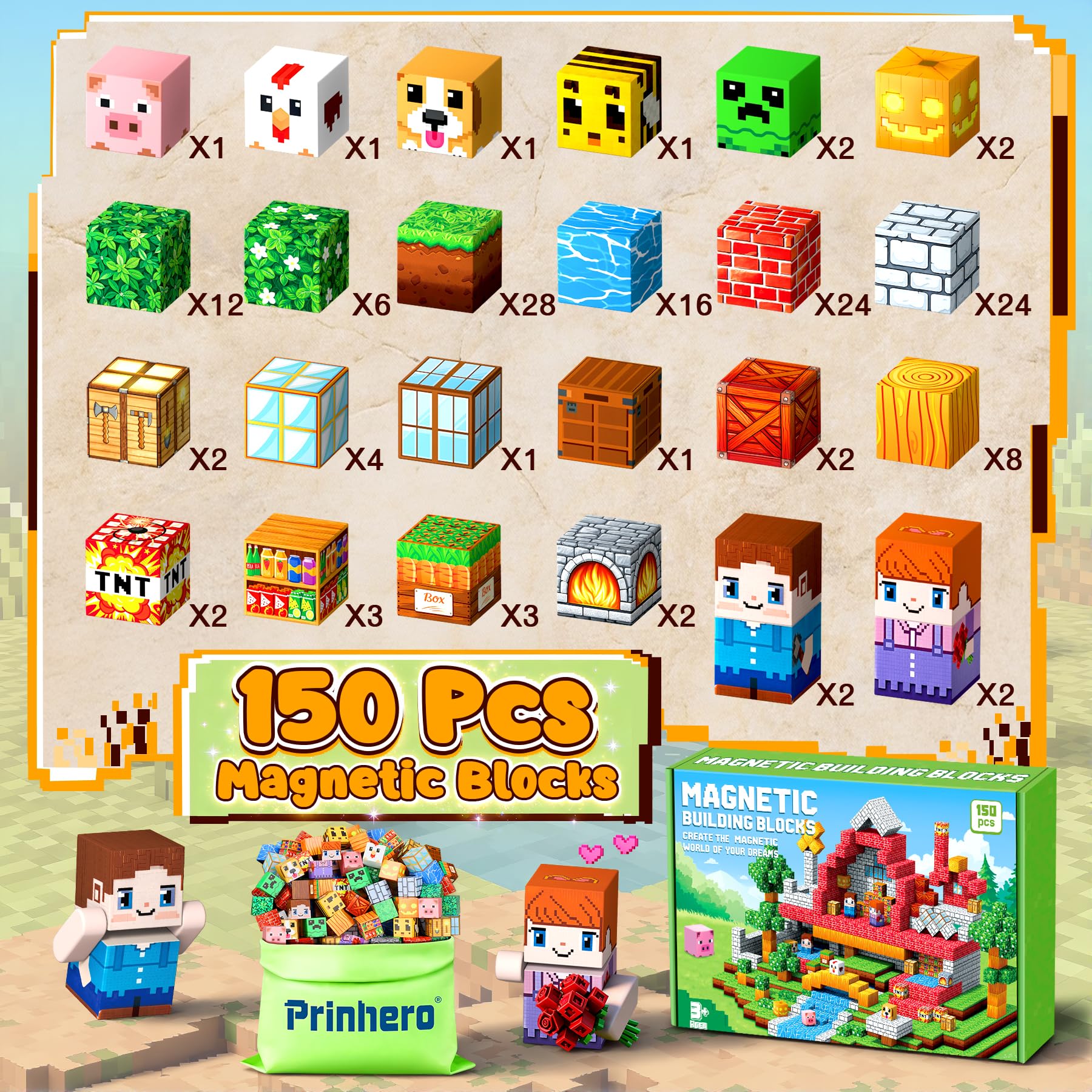 Prinhero Magnetische Bausteine - 150 Teile Magnetbausteine Magnetspielzeug Magneten Kinder Magnetische Bauwelt Mine Spielzeug Magnetblöcke für Kinder ab 3-10 Jahre Ganzjahres Abnehmbare Ostergeschenke 9