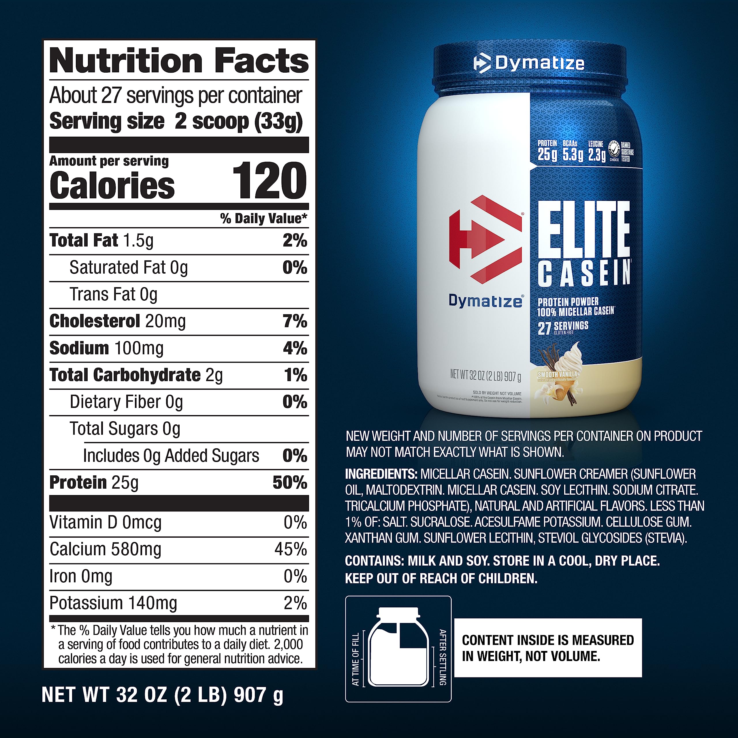 Dymatize Elite Casein Protein Powder, Slow Absorbing with Muscle Building Amino Acids, 100% Micellar Casein, 25g Protein, 5.4g BCAAs & 2.3g Leucine, Helps Overnight Recovery, Smooth Vanilla, 2 Pound