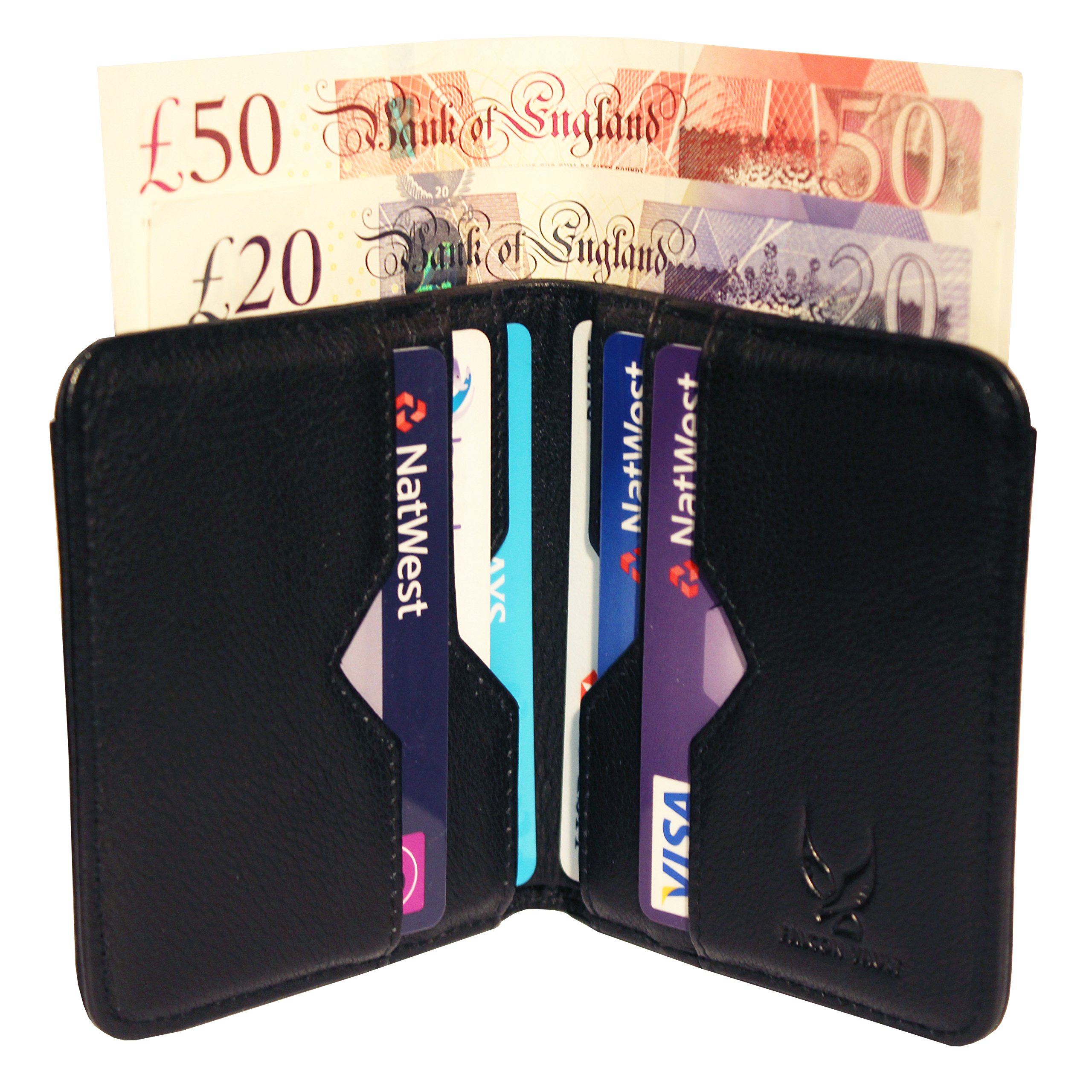 Falcon Vault - RFID Blocking Bifold Men’s Wallet - Slim Genuine Italian Leather Wallet for Men – 13.56 MHz RFID Protection - Compact Design - Hold Upto 9 Cards - Prevents Identity Theft - Black