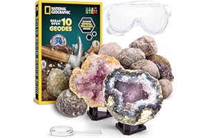 National Geographic Break Open 10 Premium Geodes – Includes Goggles & Display Stands - STEM Science Kit, Geology Gift for Kid