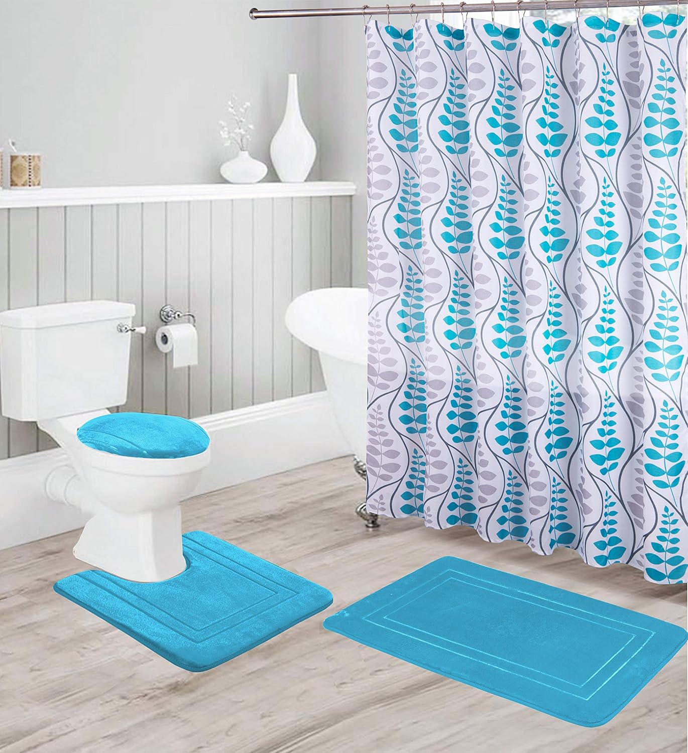 Amazon Com Better Home Style 16 Piece Solid Color Modern Design Embossed Memory Foam None Slip Bathroom Rug Includes Bath Rug Contour Mat Lid Cover Shower Curtain 12 Roller Ball Hooks Aqua Light Blue
