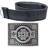 Kilt Belt and Buckle Set, Scottish Thistle Embossed Belt with Antique Celtic Trinity Buckles Pewter - Kilt Belts for Men