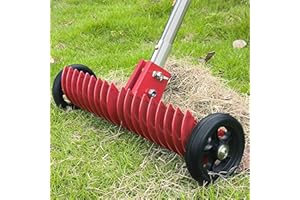JouZYA Lawn Thatch Rake, 15-Inch Steel Dethatching Tool, Adjustable 0-15° Angle and 38-68 Inch Length, Heavy-Duty Yard Rake for Dead Grass Removal and Lawn Care (Updated 2) (Red)