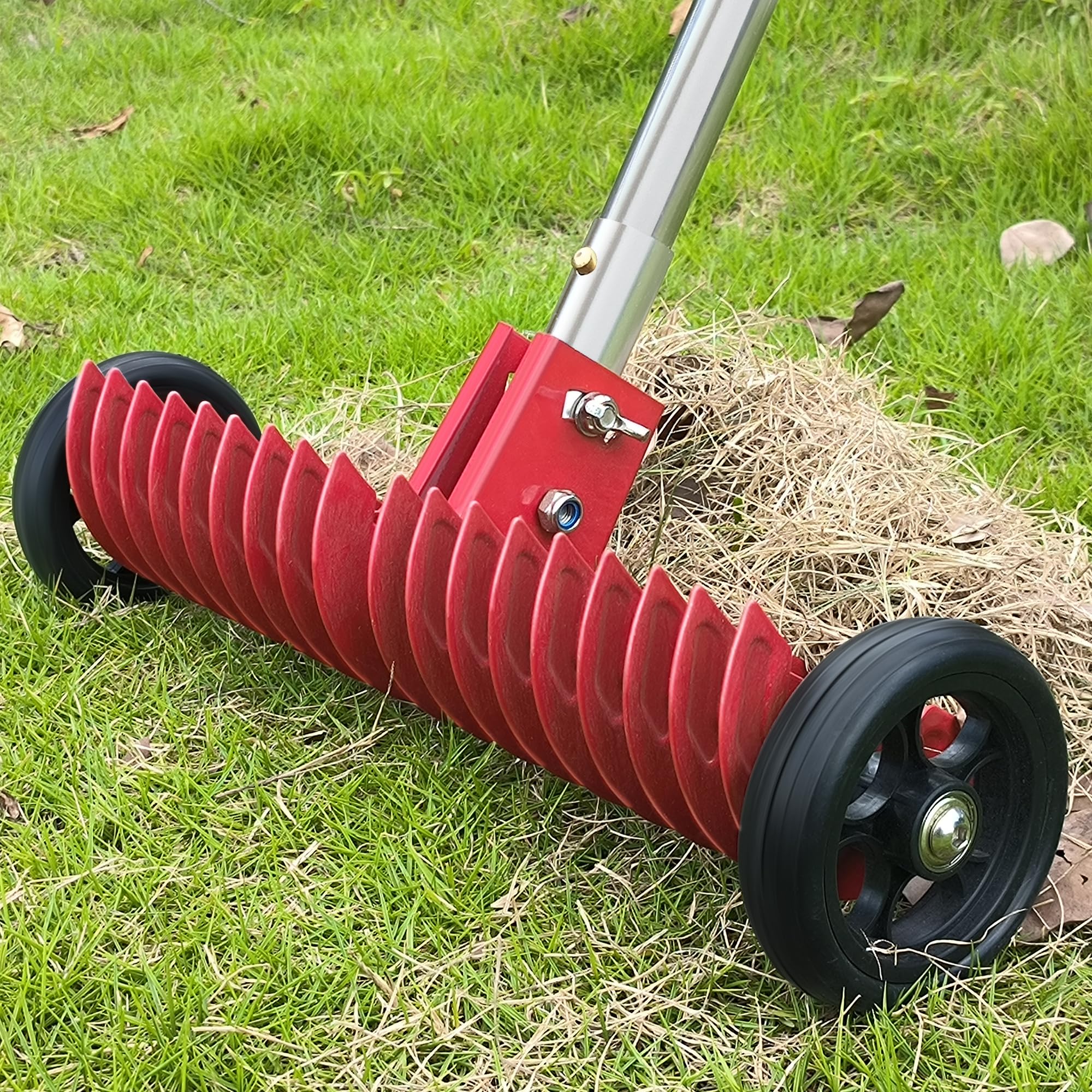 Photo 1 of JouZYA Lawn Thatch Rake, 15-Inch Steel Dethatching Tool, Adjustable 0-15° Angle and 38-68 Inch Length, Heavy-Duty Yard Rake for Dead Grass Removal and Lawn Care (Red)