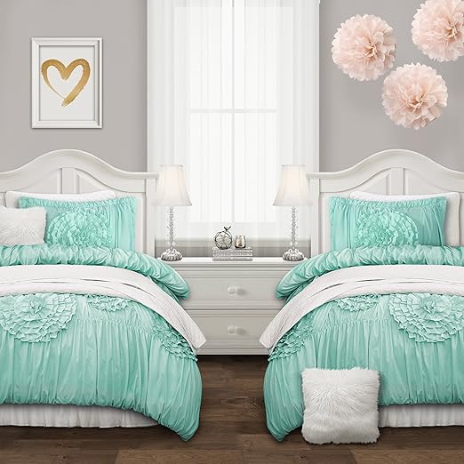 Amazon Com Lush Decor Serena Comforter Aqua Ruched Flower 2 Piece