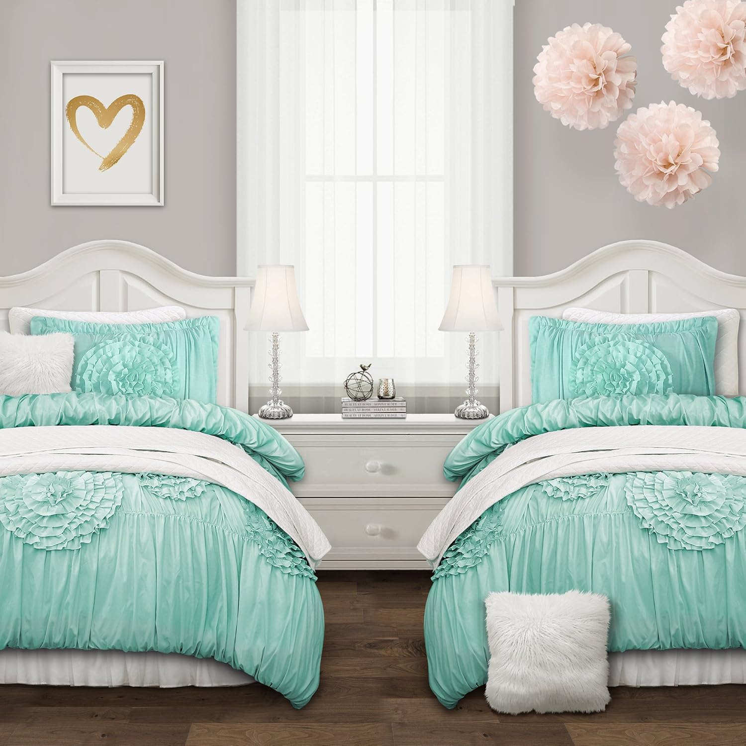Lush Decor Serena Comforter Aqua Ruched Flower 2 Piece Set, Twin XL