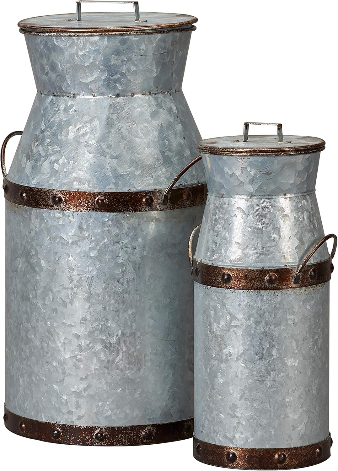 Barnyard Designs Rustic Galvanized Milk Can Jug, Nested Milk Cans, Vintage Primitive Country Farmhouse Home Decor, Large: 8.5” x 7.5” x 14.5”, Small: 5” x 4.5” x 11”, Set of 2
