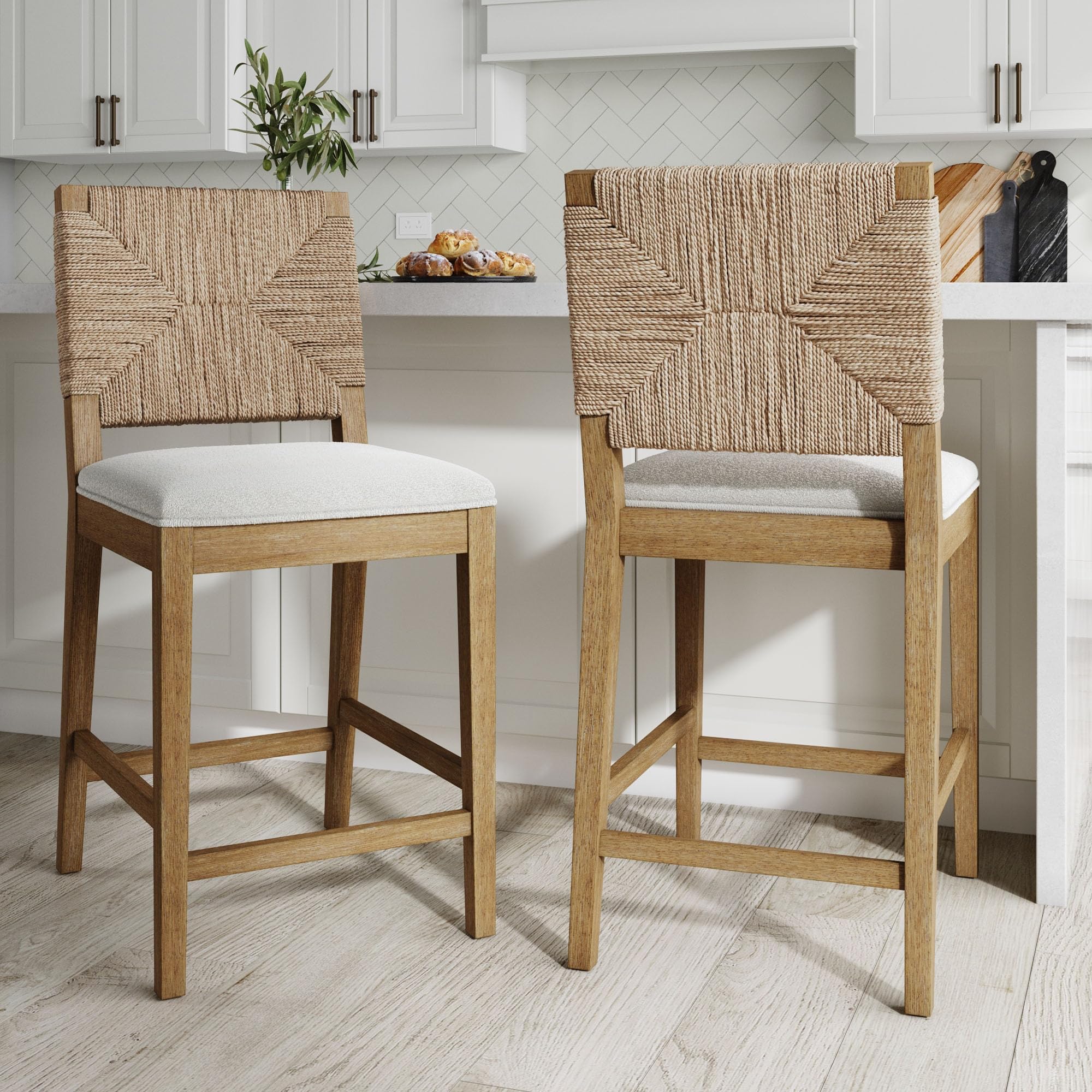 Photo 1 of *** see notes *** Nathan James Beacon Bohemian Boucle Bar Stool, Upholstered Counter Height Chair with Solid Wood Frame and Woven Seagrass Back for Kitchen Island, Light Brown/Seagrass/Cream Boucle, Set of 2