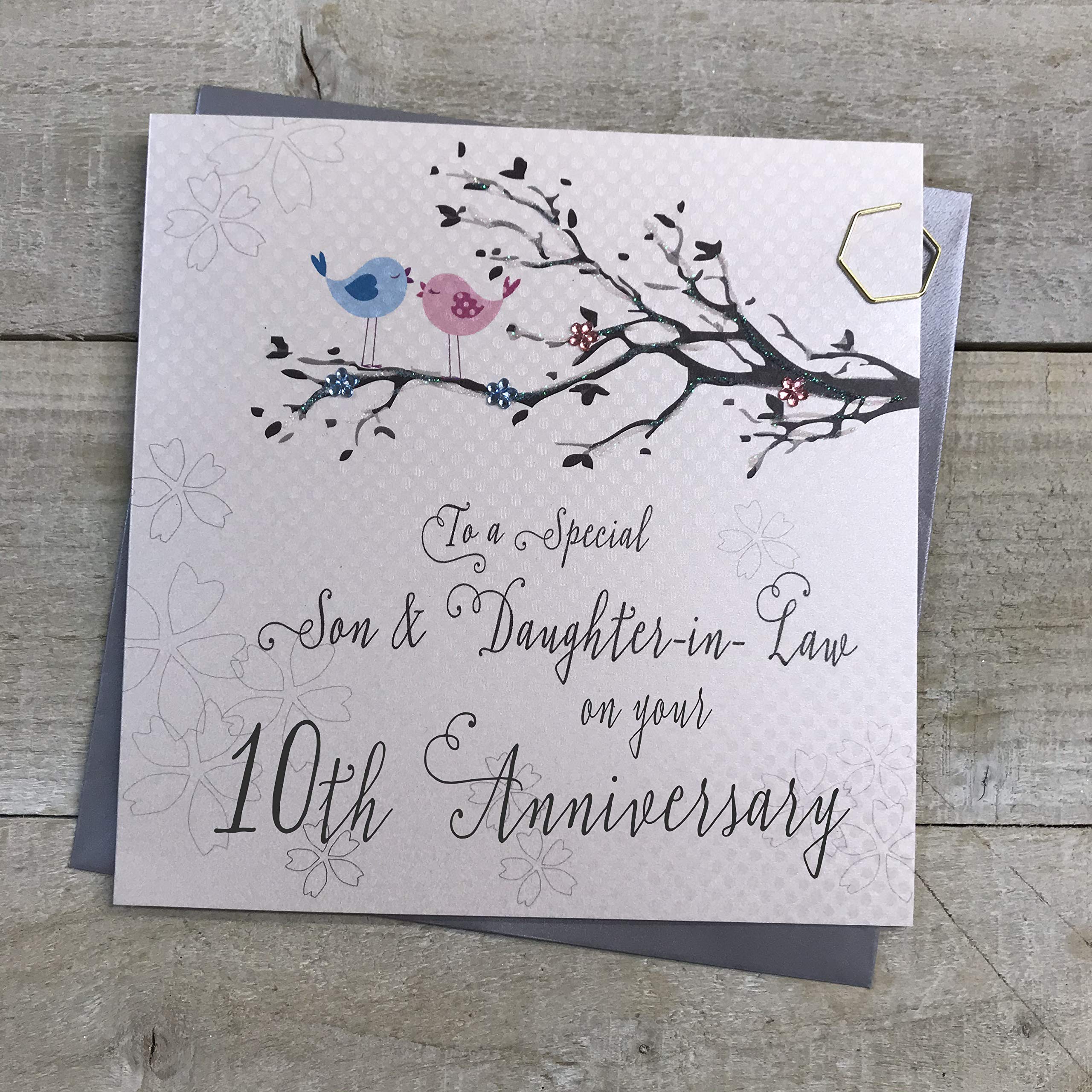 White Cotton Cards Son & Daughter-in-Law 10th Wedding Anniversary Card Tenth Tin Birds and Tree branch PD192-10, 16cm x 16cm