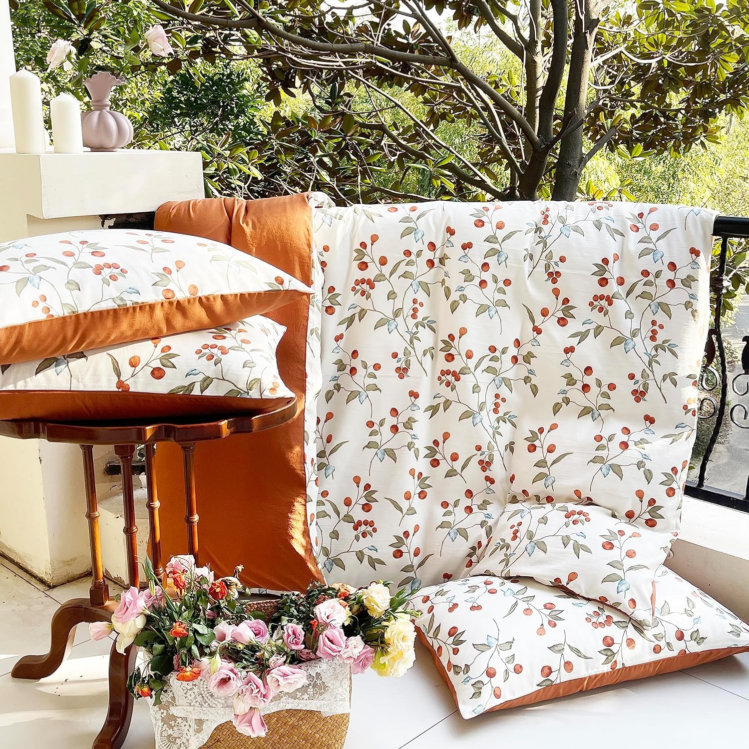 Lanqinglv Duvet Cover Set King Size Karamell White Floral Leaves Leaf Botanical Reversible Bedding Set Soft Quilt Cover 220x240cm with Zipper Closure and 2 Pillowcases 50x75cm