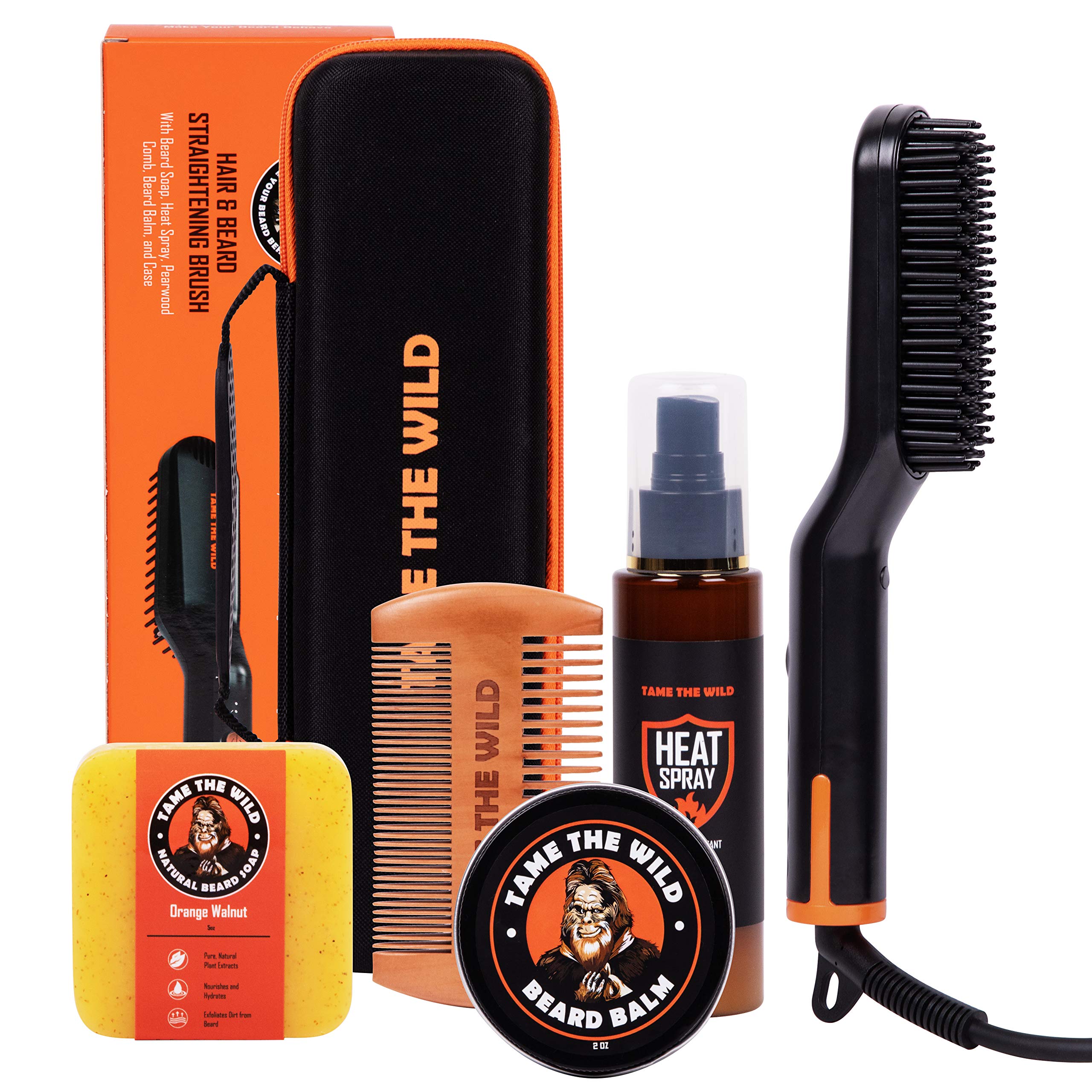Tame's Easy Glide Beard Straightener Essentials Kit - Anti Scald Beard Straightening Comb - Heat Spray - Beard Soap - Beard Balm - Detangle Comb - Storage Case. The Ultimate Beard Straightening Gift Set