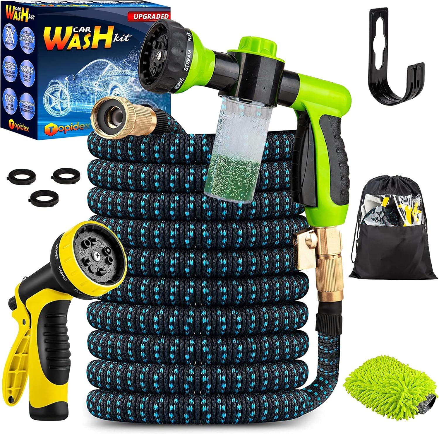 Topidex Car Wash Kit, Expandable Garden Hose 50 FT - with High Pressure Spray Nozzle – Durable Soap Dispensing Sprayer Gun - 9 Spray + 3 Foam Spraying Patterns with Storage Bag, Hanger & Wash Mitt : Home Improvement