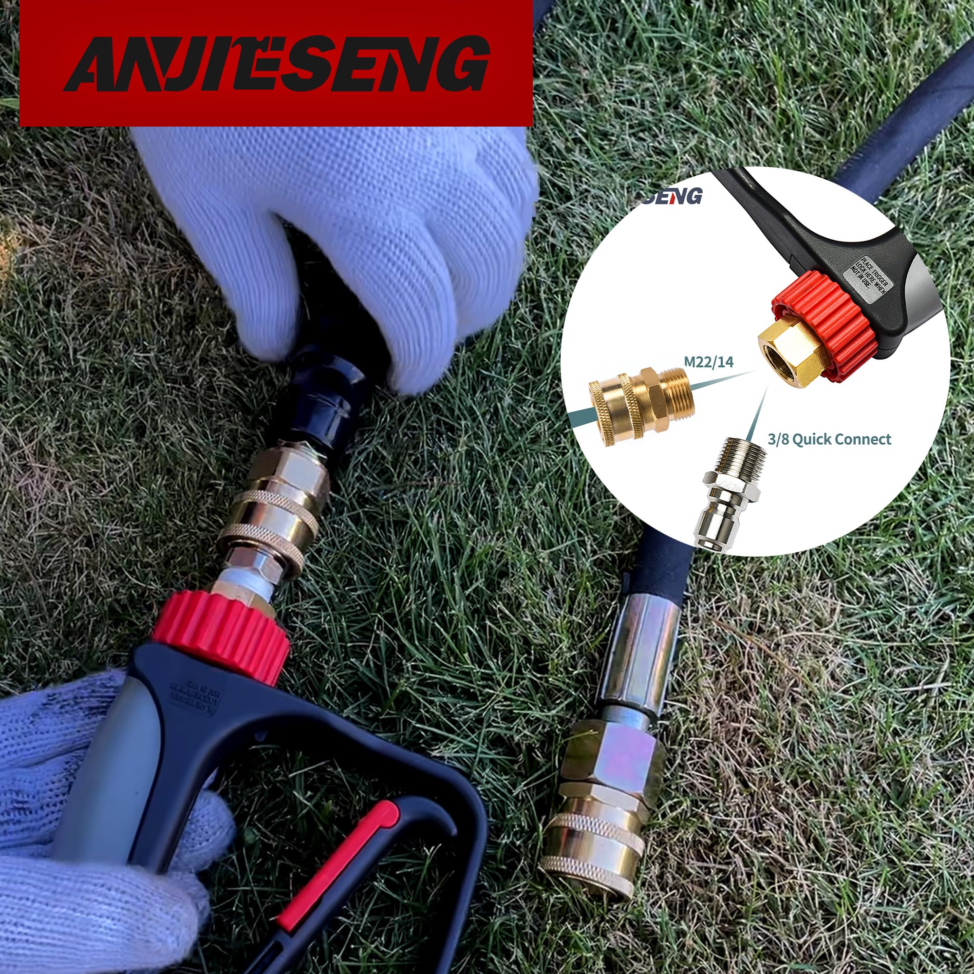 ANJIESENG Short Pressure Washer Gun with 360 Swivel - 5000 PSI / 10.5 GPM High Pressure Water Handle with 3/8