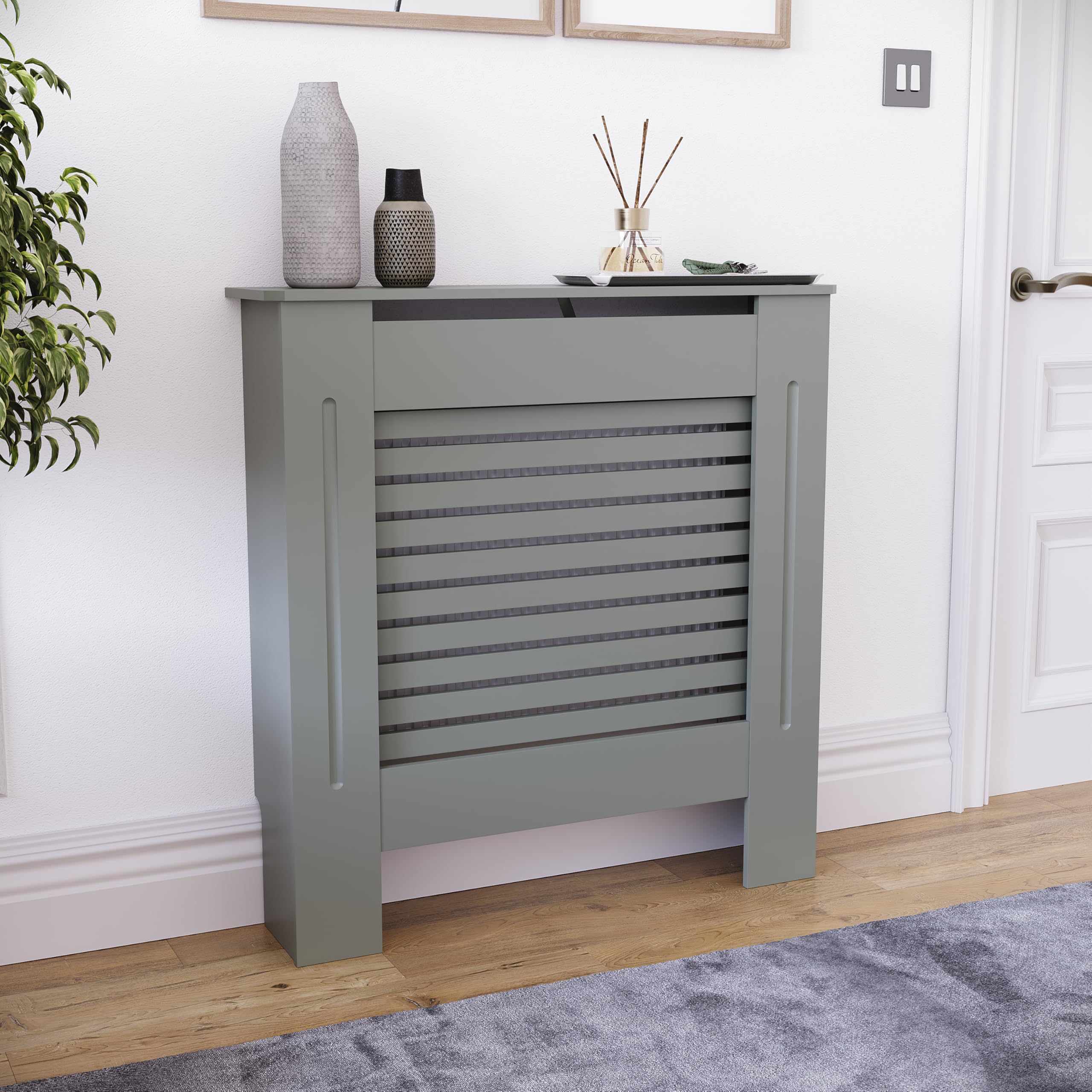 Vida Designs Milton Radiator Cover Olive Grey - Small - Modern Horizontal Slat Design For Optimal Heat Circulation - H82xW78xD19cm - Painted MDF Cabinet Ideal For Living Room & Hallway
