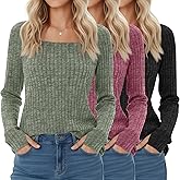 Velvelhall 3 Pack Women's Long Sleeve Shirts, Square Neck Loose Fit Tunic Tops Fall Winter Casual Lightweight Sweaters