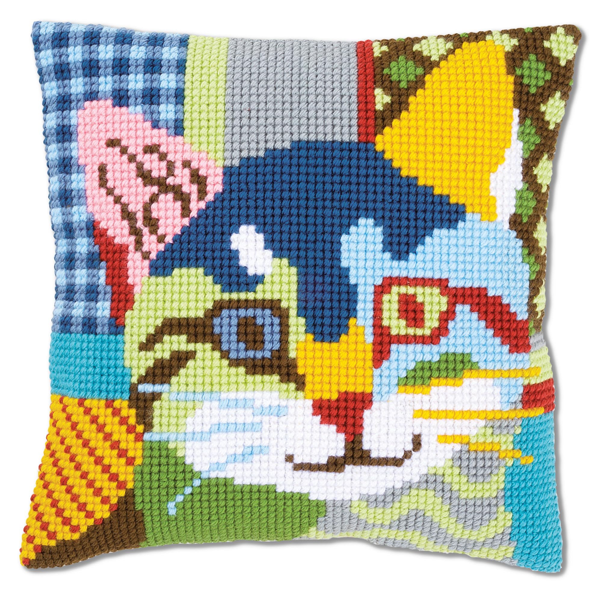 Vervaco Cross Stitch Cushion Cat Patchwork, Outlined Cross Stitch Kit Cushion Vorbeze Nice, Cotton, multicoloured, 40 x 40 x 0.3 cm