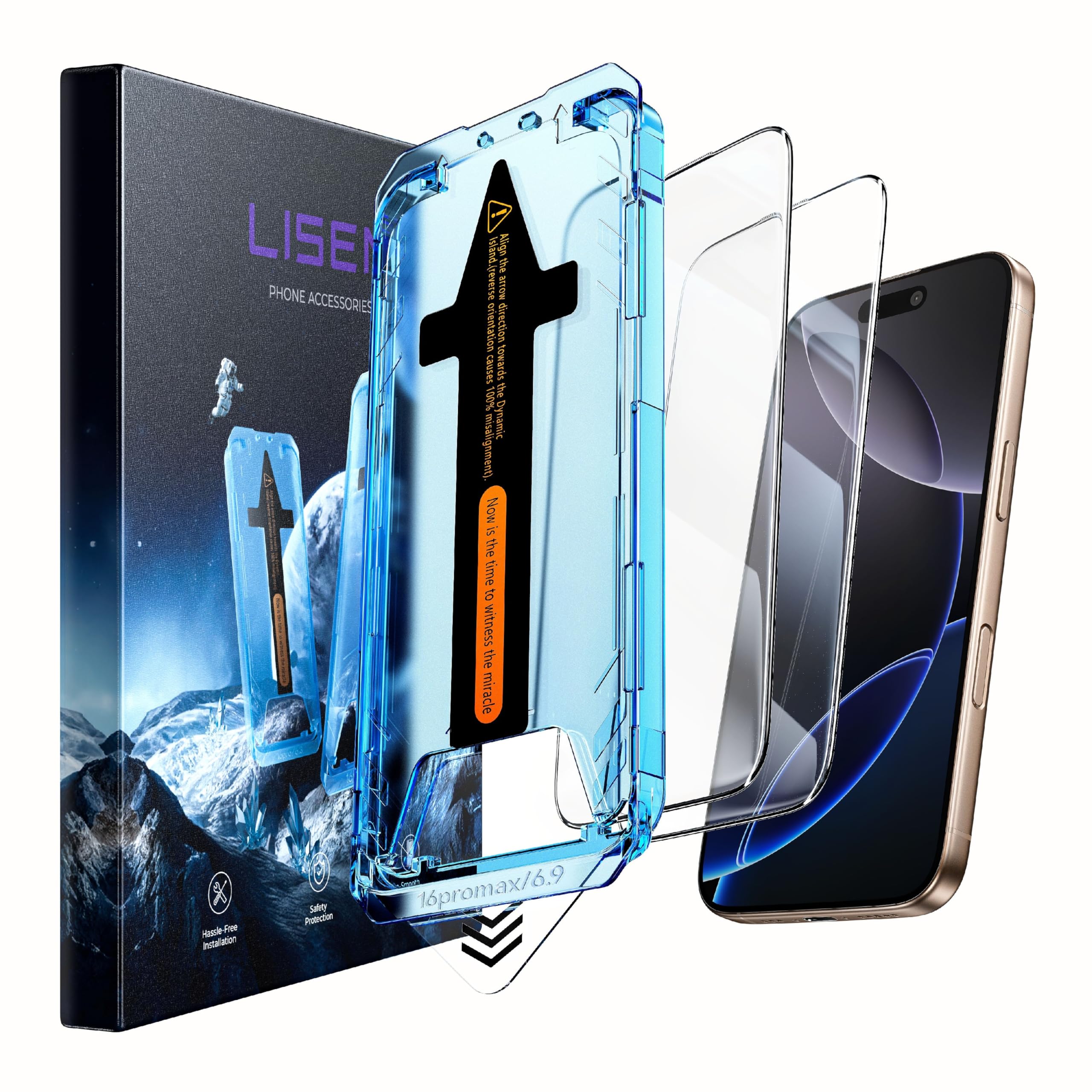 Photo 1 of LISEN 2 Pack 9H+ Glass for iPhone 16 Pro Max Screen Protector, Military Grade Shatterproof Full Edge Coverage, HD Bubble Free Easy Installation Tempered Glass for iPhone 16 Pro Max (6.9 Inch)