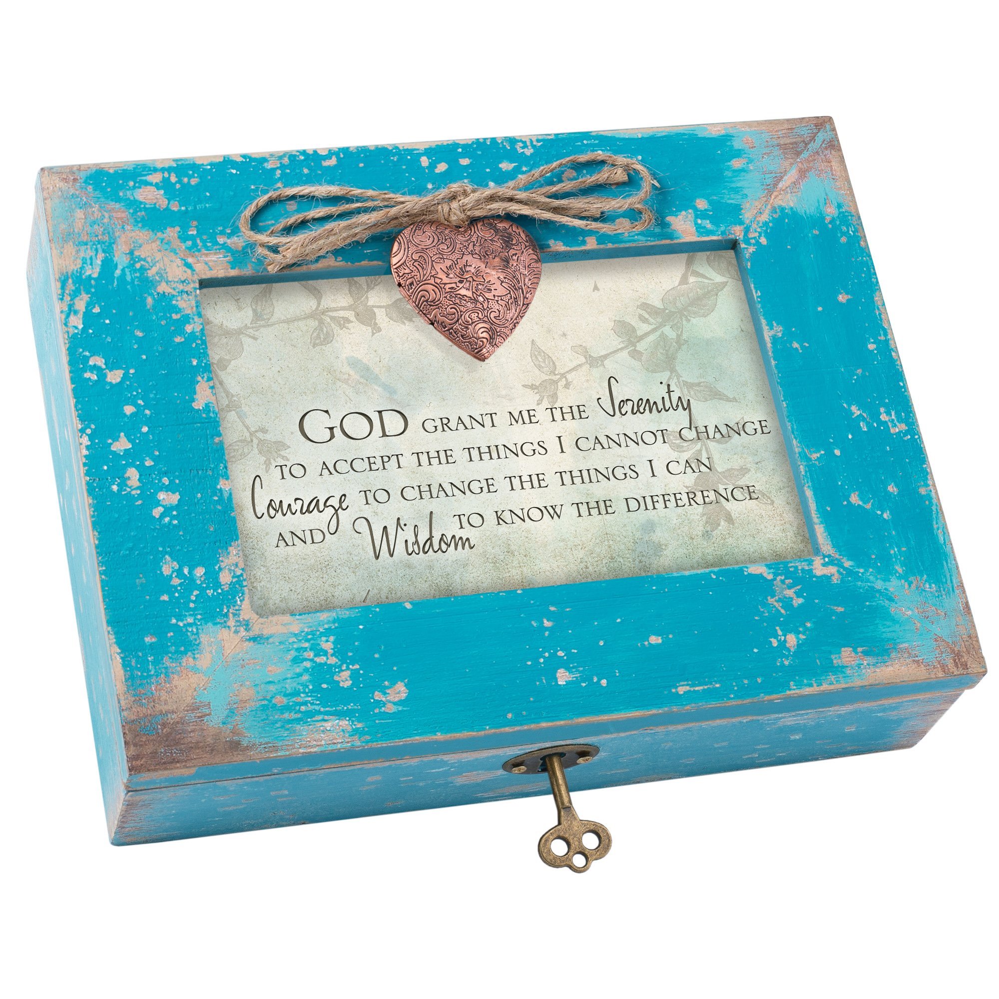 God Grant Me the Serenity Teal Wood Locket Jewelry Music Box Plays Tune Wind Beneath My Wings