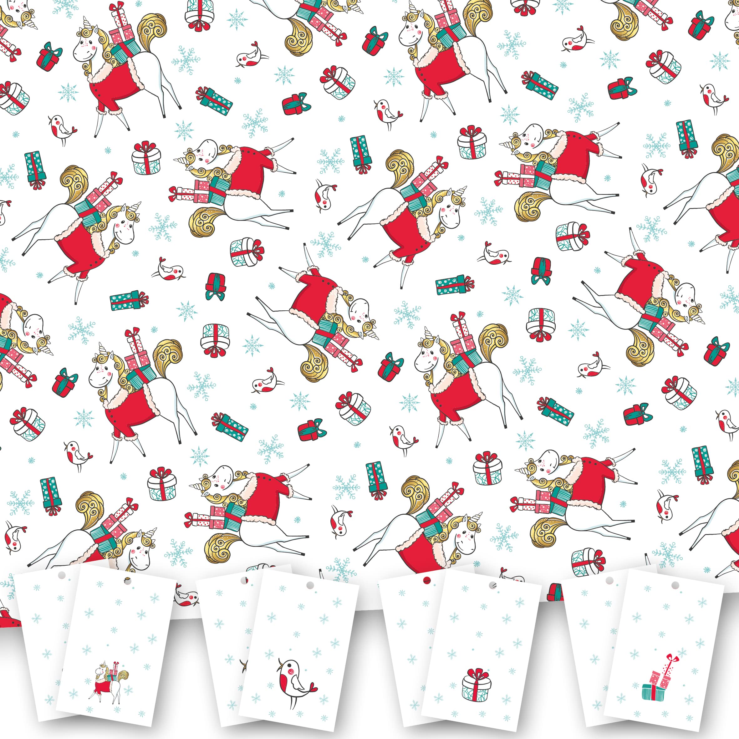 Christmas Wrapping Paper. 8 XL Sheets (50 x 70cm). Christmas Unicorn Design. Gift Wrap Pack with Matching Tags. Cutting Grid on Reverse. Printed in UK. by Absolutely Yours.