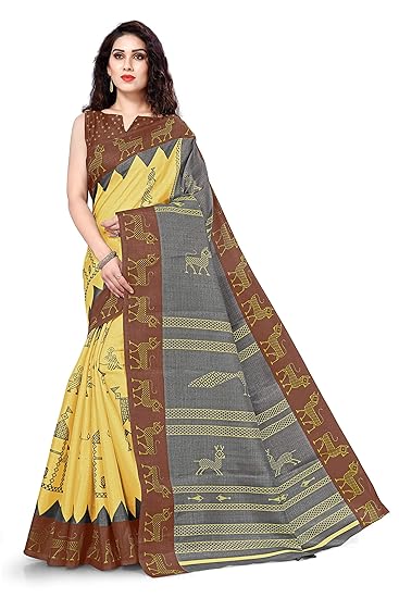 Womens Khadi Silk Warli Prints Saree With Blouse Piece
