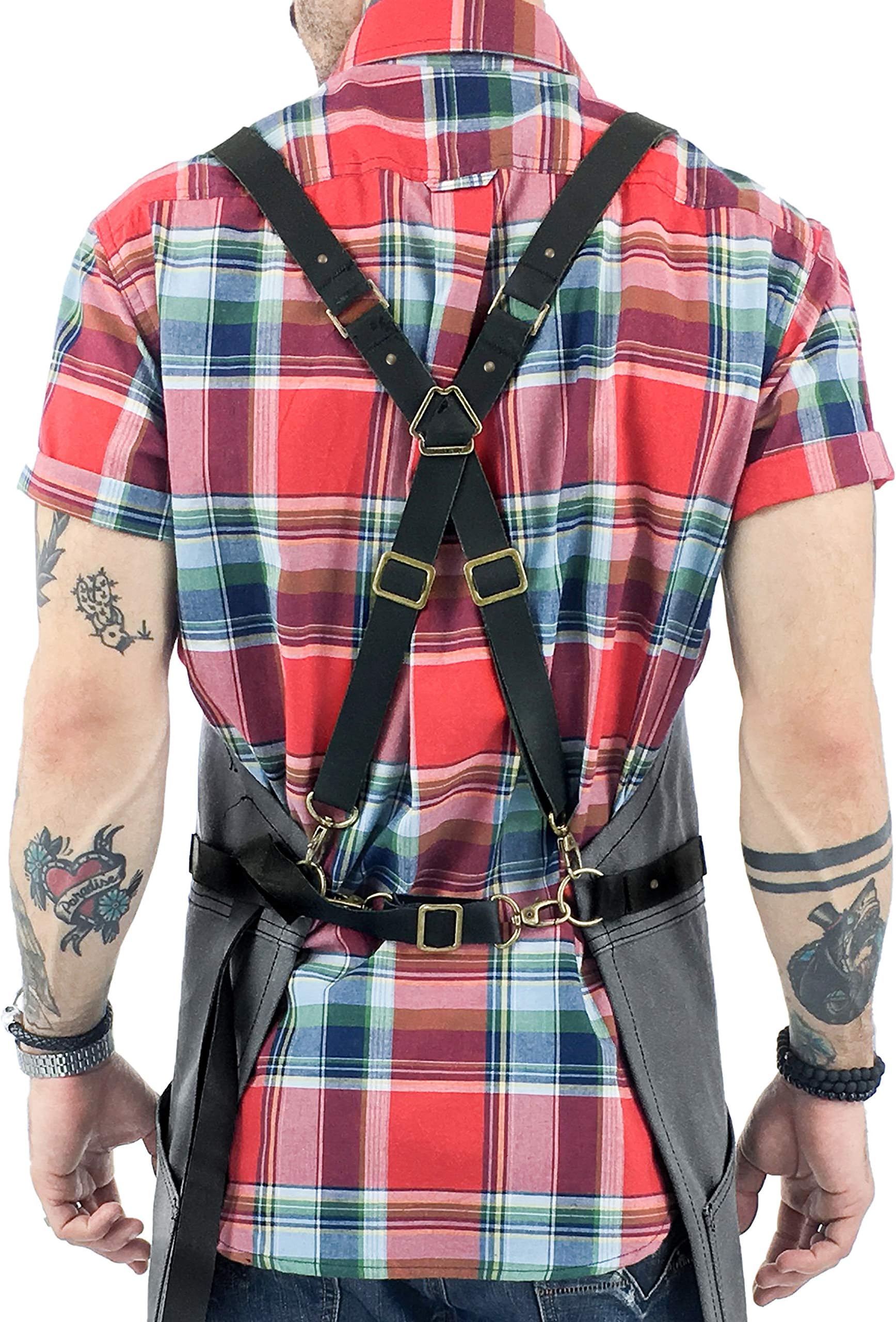 Under NY Sky Cargo Gray Apron – Cross-Back with Leather Straps, Heavy-Duty Waxed Canvas and Split-Leg – Adjustable for Men and Women – Pro Woodworker, Mechanic, Blacksmith, Welder, Artist Aprons