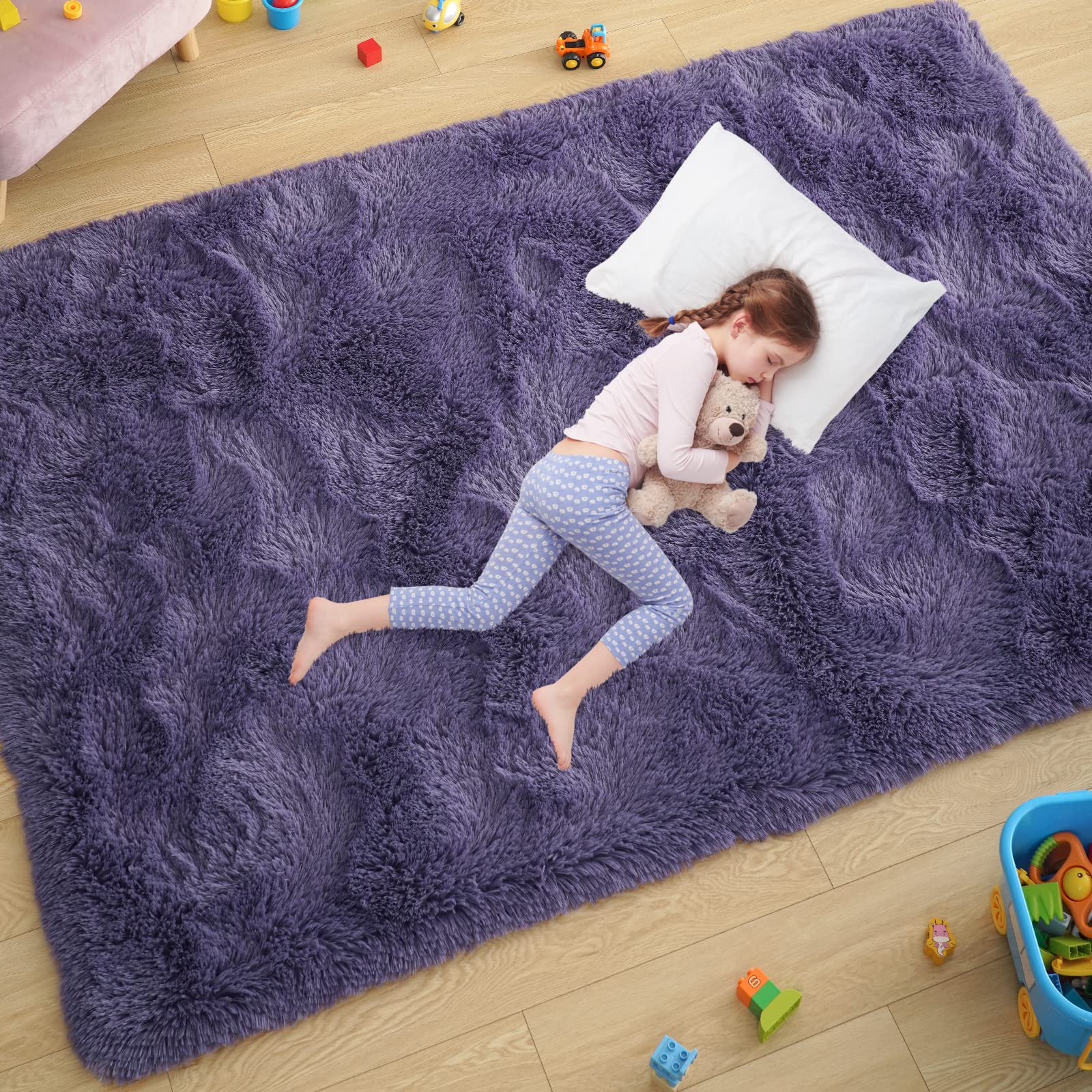 Photo 1 of Ultra Soft Fluffy Rugs for Bedroom 4x6 Feet, Shag Area Rugs for Living Room, Large Comfy Furry Rug for Boys Kids Baby Room Decor, Non Slip Nursery Rug Modern Indoor Fuzzy Floor Carpet, Grey Purple