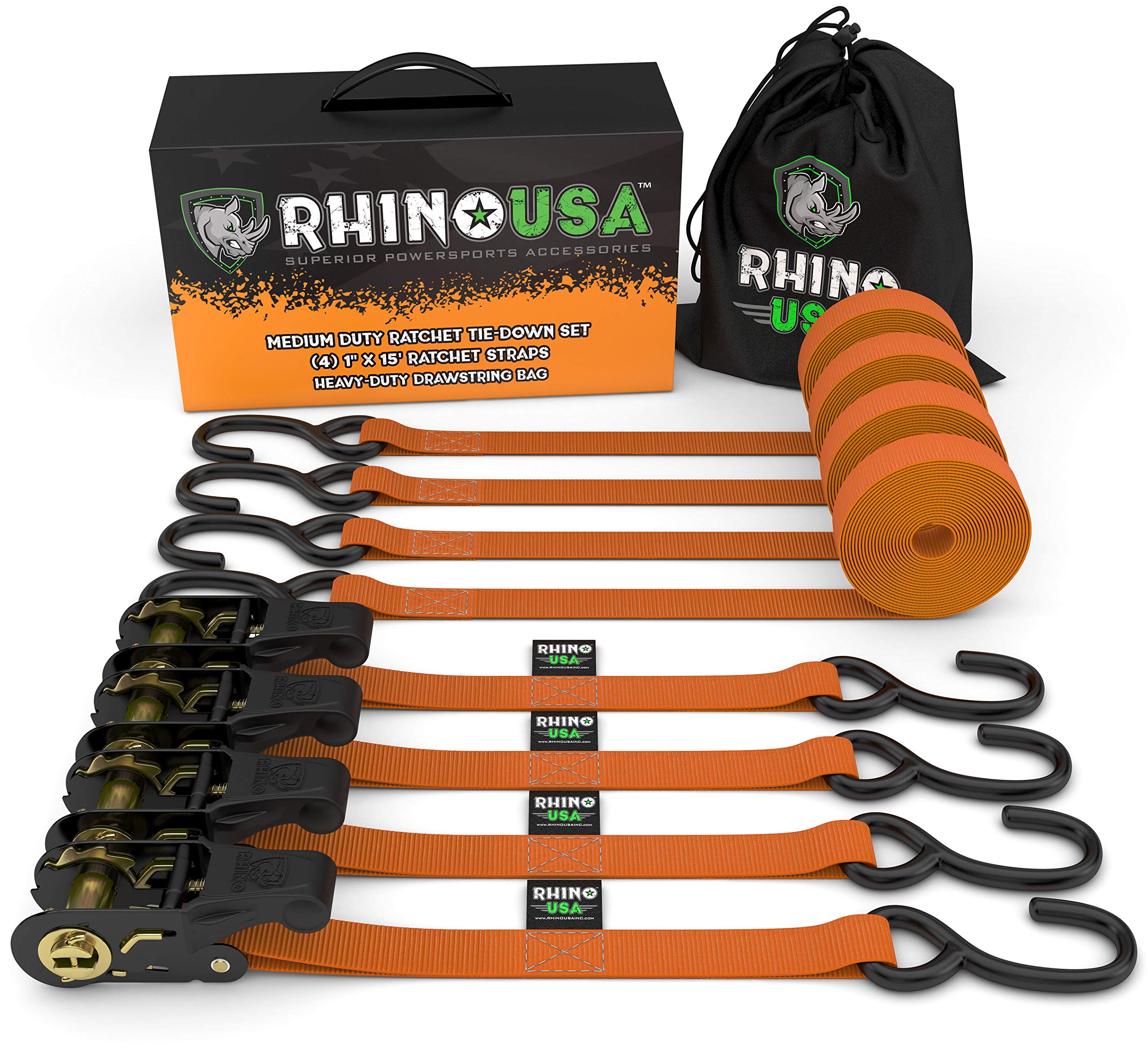 RHINO USA Ratchet Tie Down Straps (4PK) Max Break Strength, Includes (4