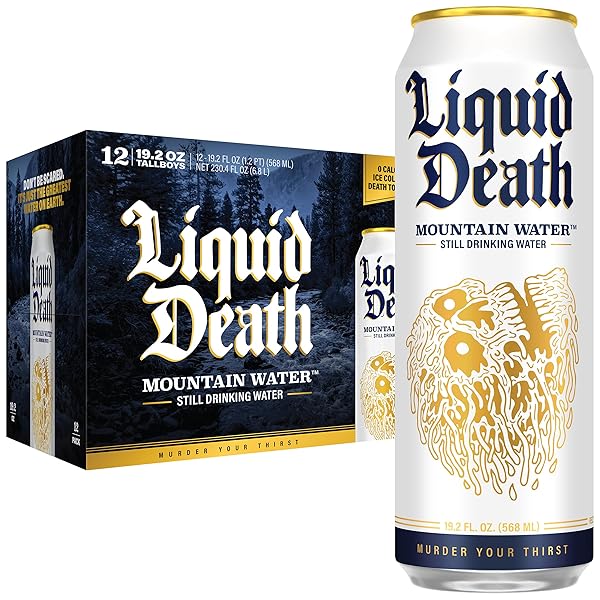 LIQUID DEATH STILL MOUNTAIN WATER, REAL MOUNTAIN SOURCE, ICE-COLD CANS, INFINITELY RECYCLABLE, KING SIZE 19.2 FL OZ (PACK OF 12)