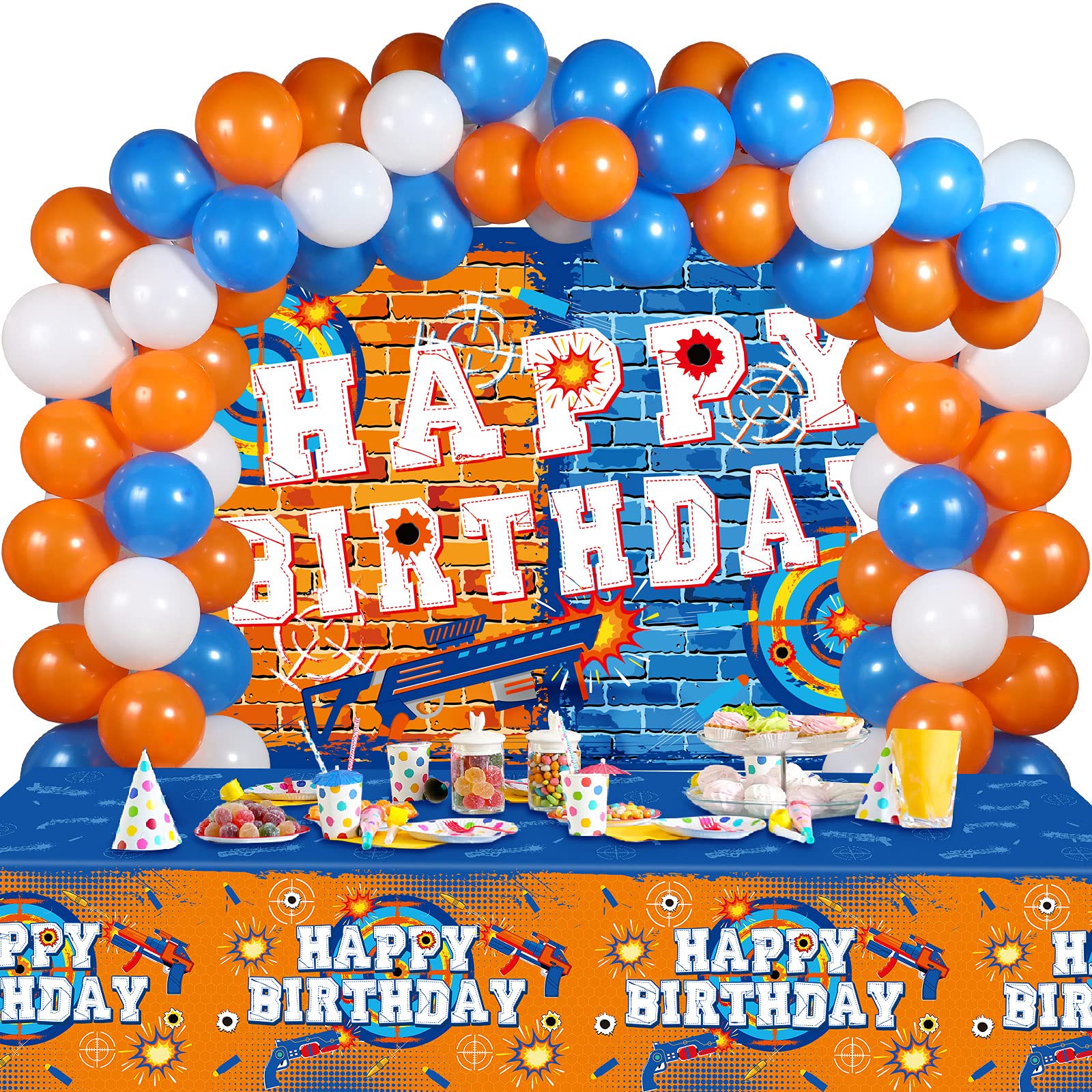 Photo 1 of Irenare 62 Pcs Dart Battle Party Decorations - Happy Birthday Supplies with Gun Theme Banner, Tablecloth, Balloons for Kids