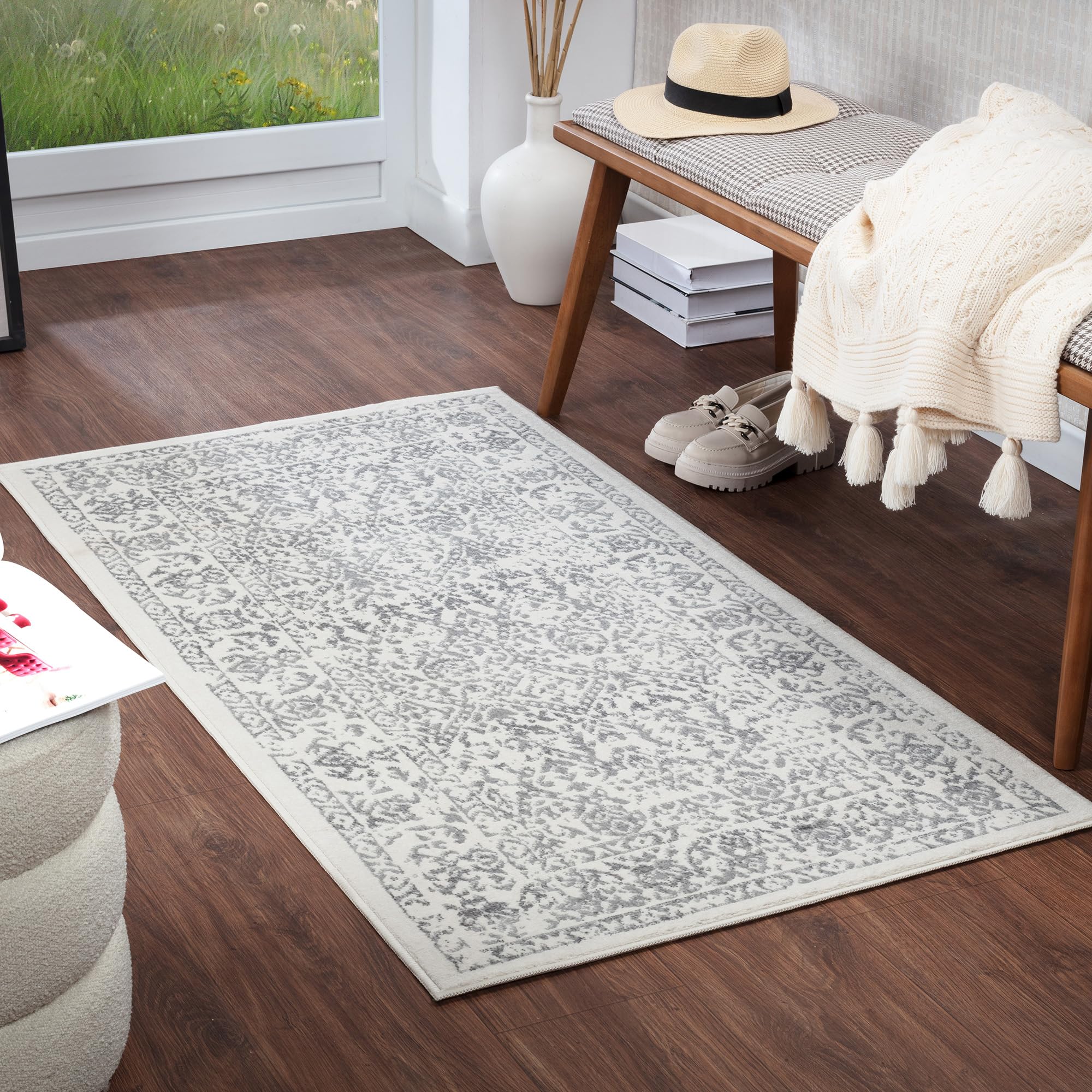 Livabliss Margaux Palermo Vintage Carpet Runner 80x150 cm, Scandi Neutral Traditional Boho Design for Hallway & Living Room, Easy Care Pile, Ivory Grey