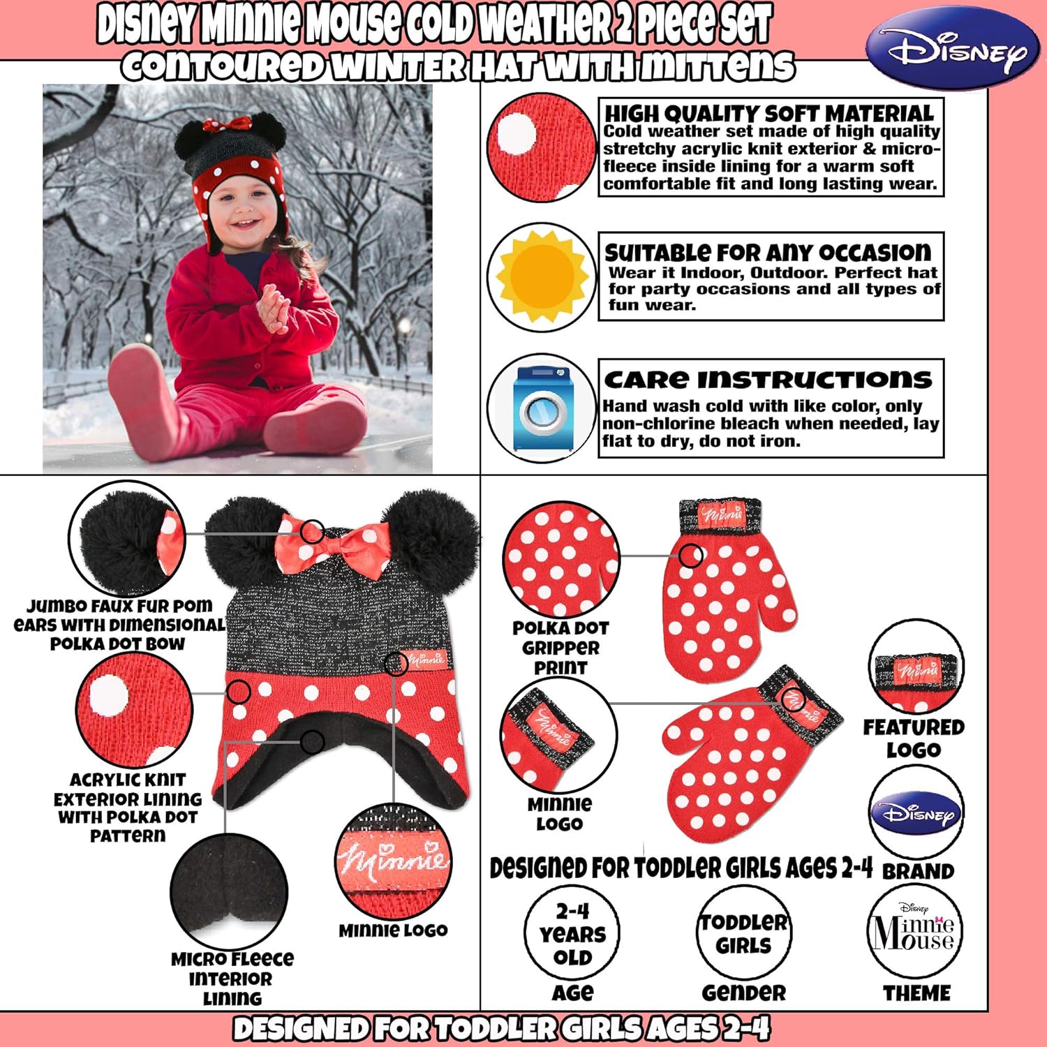 Disney Girl Winter Hat Set, Minnie Mouse Kids Beanie and Gloves Or Mittens for Age 4-7: Clothing