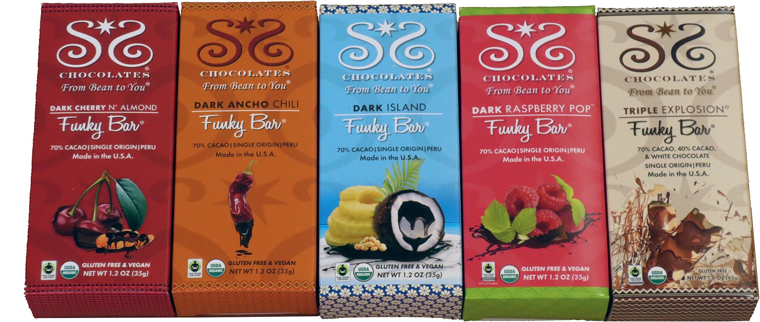 Sibu Sura Funky Bar Sampler Pack, All 5 Delicious Flavors - Dark Ancho Chili, Dark Cherry N' Almond, Dark Island, Dark Raspberry Pop, and Triple Explosion