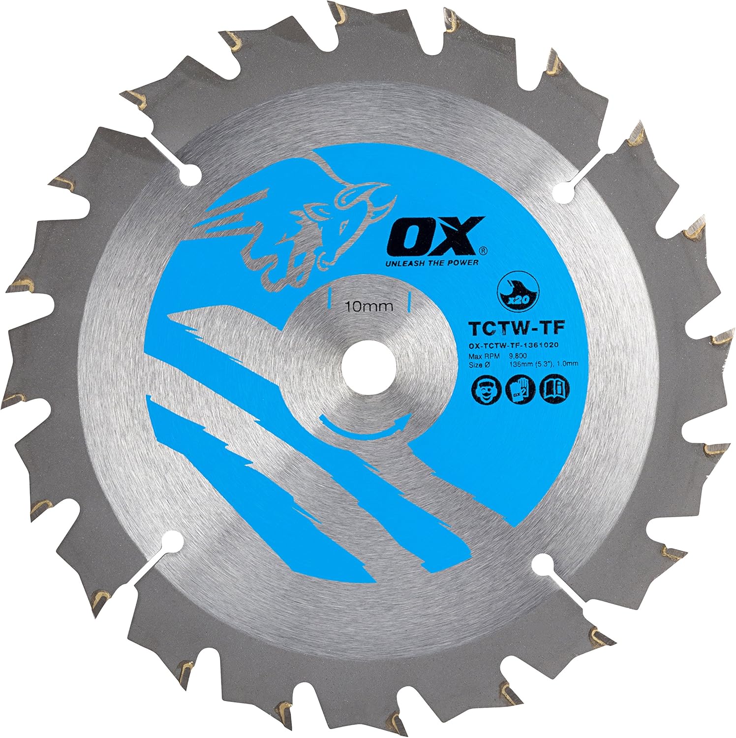 OX Wood Cutting Thin Kerf Circular Saw Blade 136/10mm, 20 Teeth ATB, Silver/ Blue, 10mm Bore