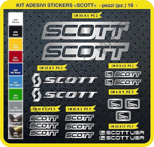 title=Adesivi Bici SCOTT Kit adesivi stickers 18 Pezzi -SCEGLI SUBITO COLORE- bike