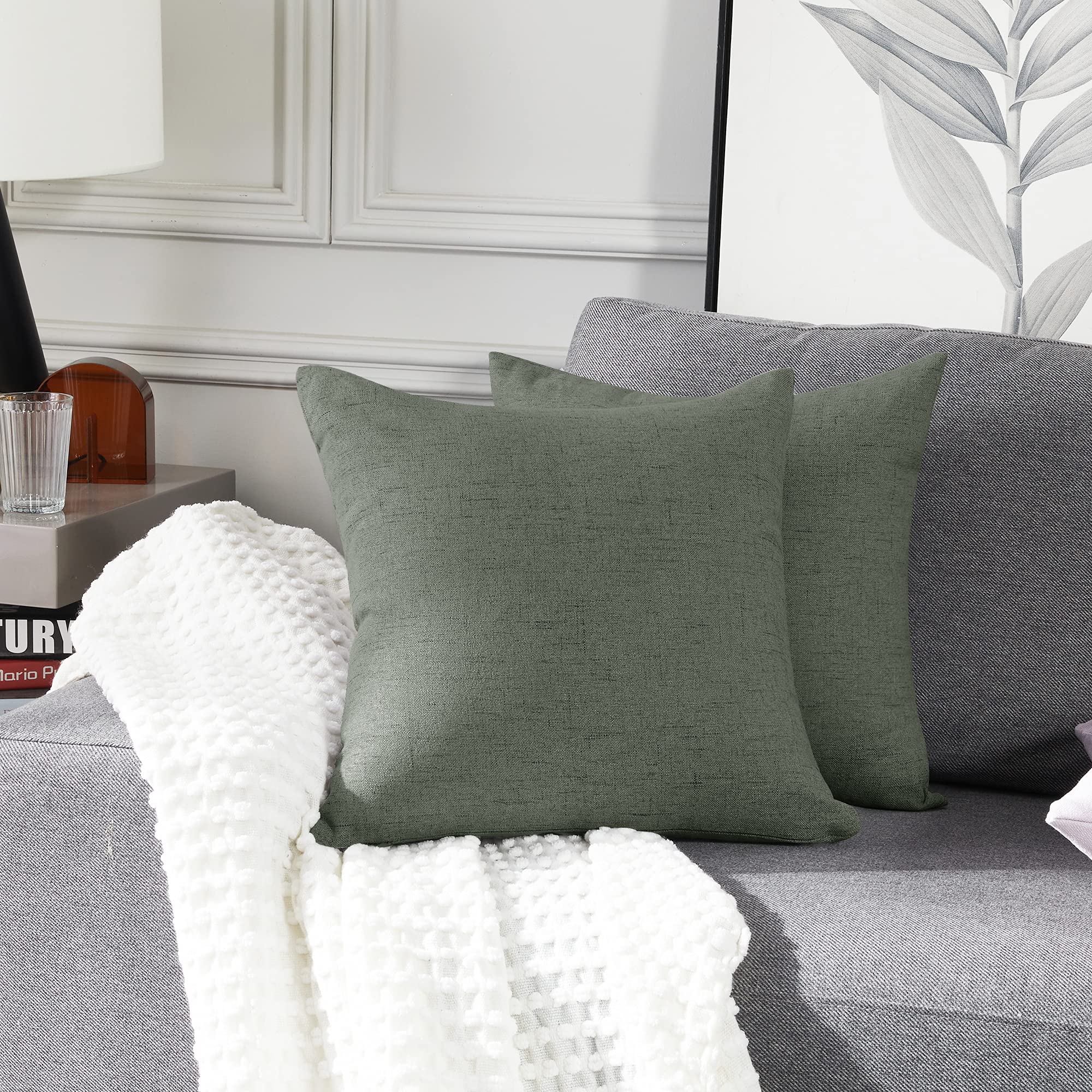 Deconovo Decorative Throw Pillow covers, Faux Linen Texture Cushion Covers for Garden Furniture with Invisible Zipper, 24x24 Inch, 2 pack, Green