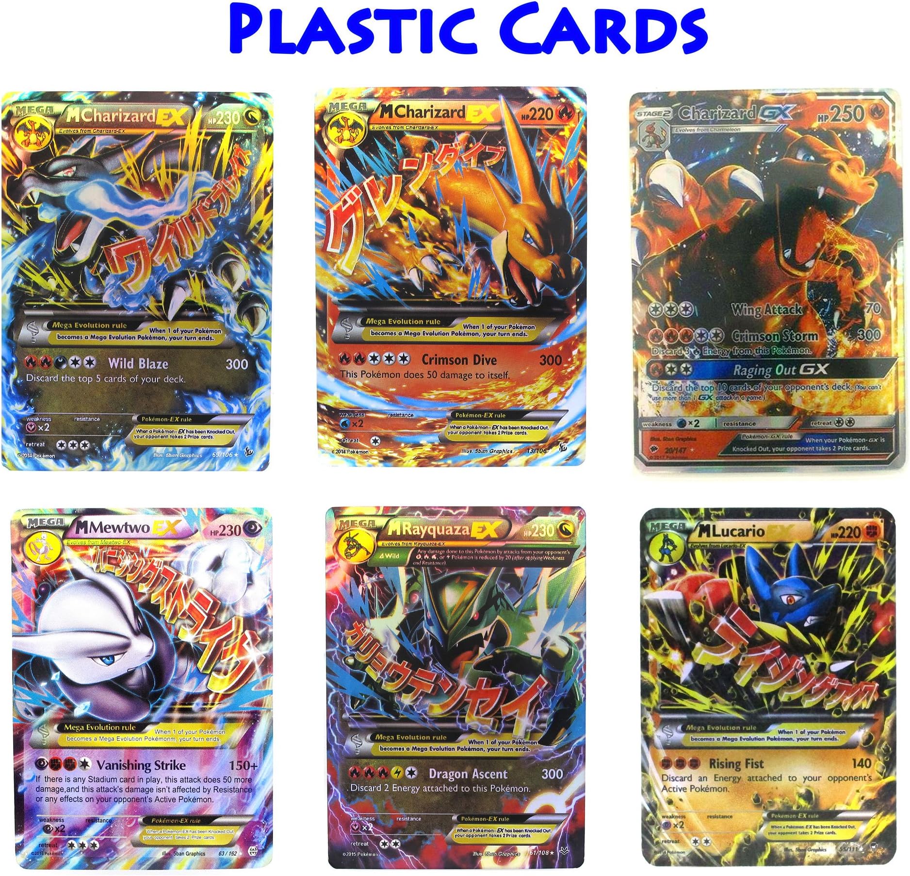 EX Mega Pack of 6 Plastic Cards - Charizard Mega EX & GX - Rayquaza Mewtwo Lucario with Free 5 EX