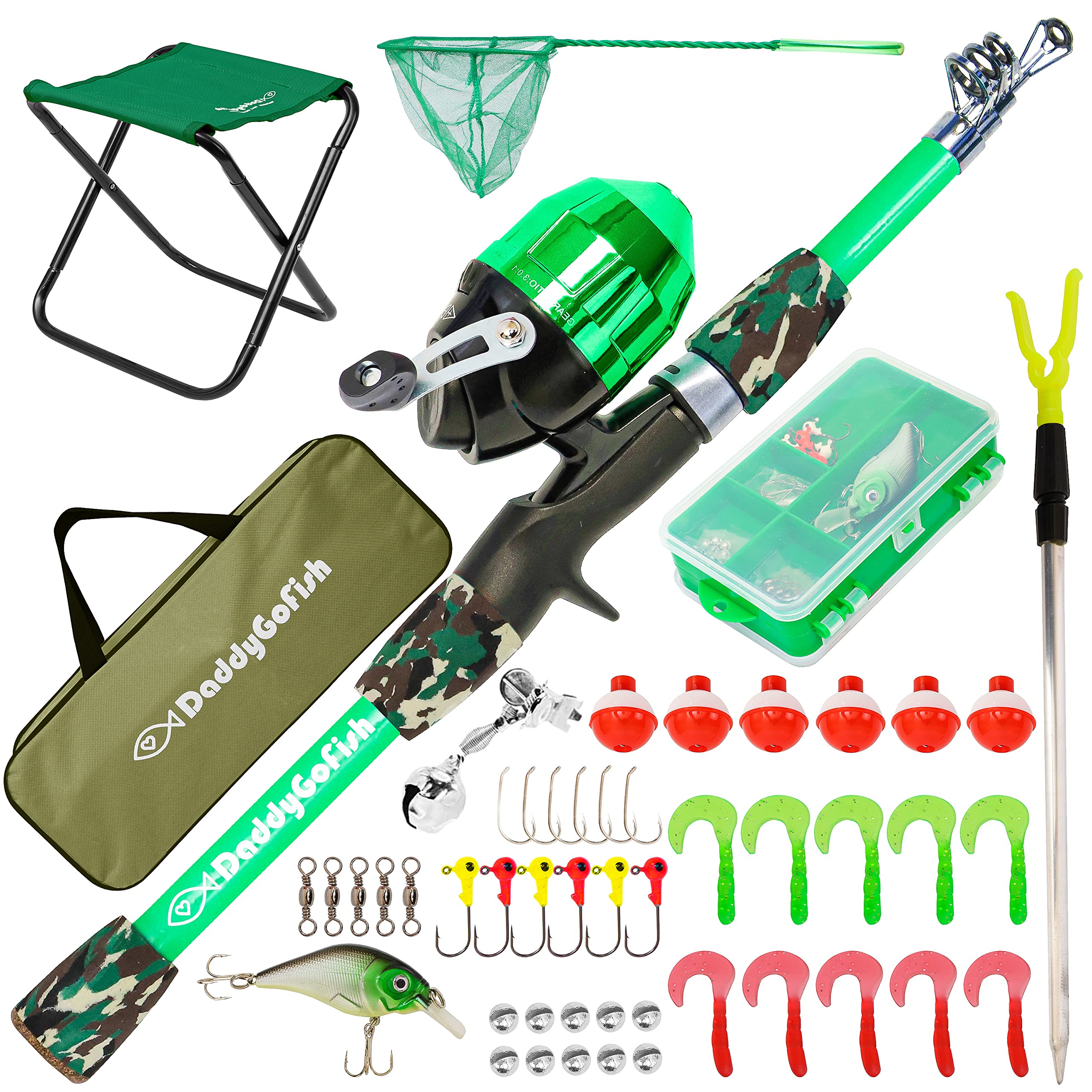 DaddyGoFish Kids Fishing Pole - Rod Reel Combo Tackle Box Starter Set - First Year Small Dock Gear Kit for Boys Girls Toddler Youth Age Beginner Little Children Junior Anglers (Green, 5ft)