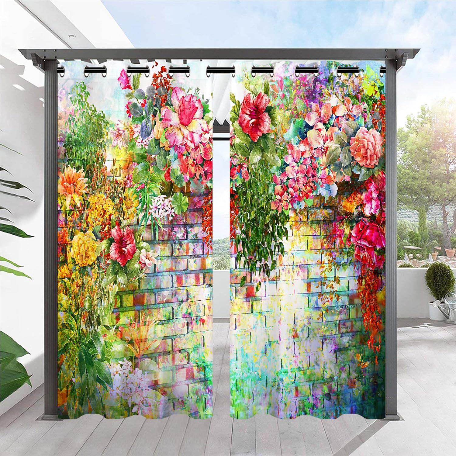 Outdoor Curtains - ANHOPE Outdoor Curtains Waterproof Grommet Top Window Drapes with Abstract Watercolor Painting Flower Print Pattern Outside Privacy Curtains for Patio Pergola Gazebo Cabana Porch 2 Panels 54 x 96 Inch