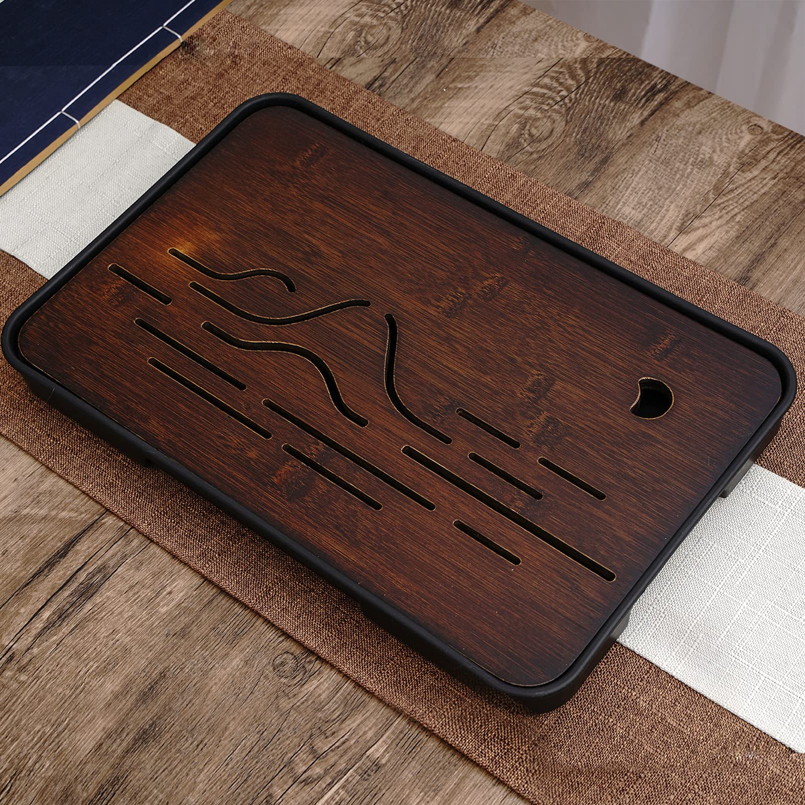 Bamboo Chinese auxiliary kung fu tea tray, water storage tea tray, indispensable tool for tea lovers, 36 x 24 x 4 cm (straight black)