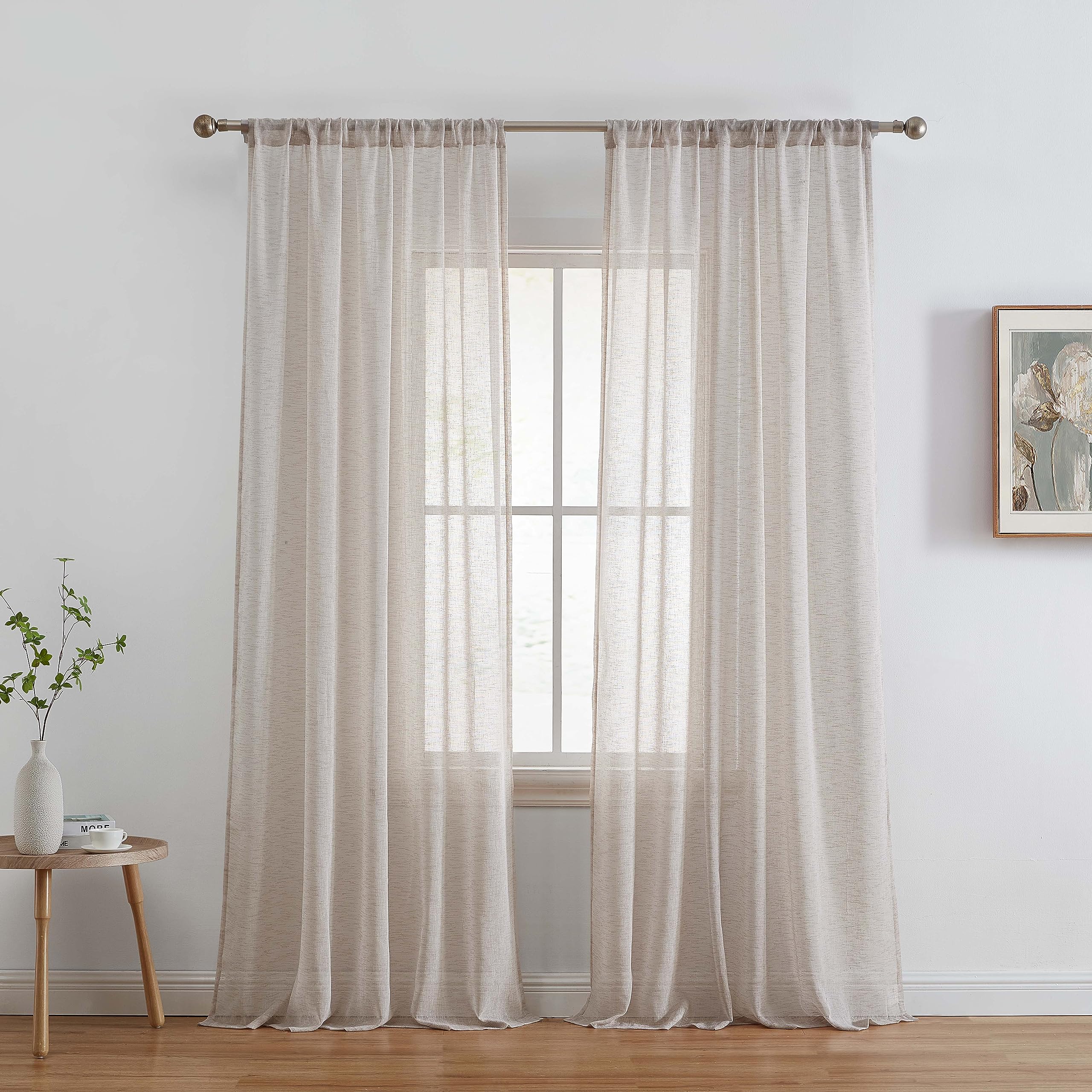 HLC.ME Penelope - Curtains for Bedroom Sheer - Faux Linen Curtains, Semi Sheer Privacy Light Filtering Window Pocket Curtains Drapery Panels for Bedroom & Living Room, 2 Panels (54 W x 96 L, Beige)