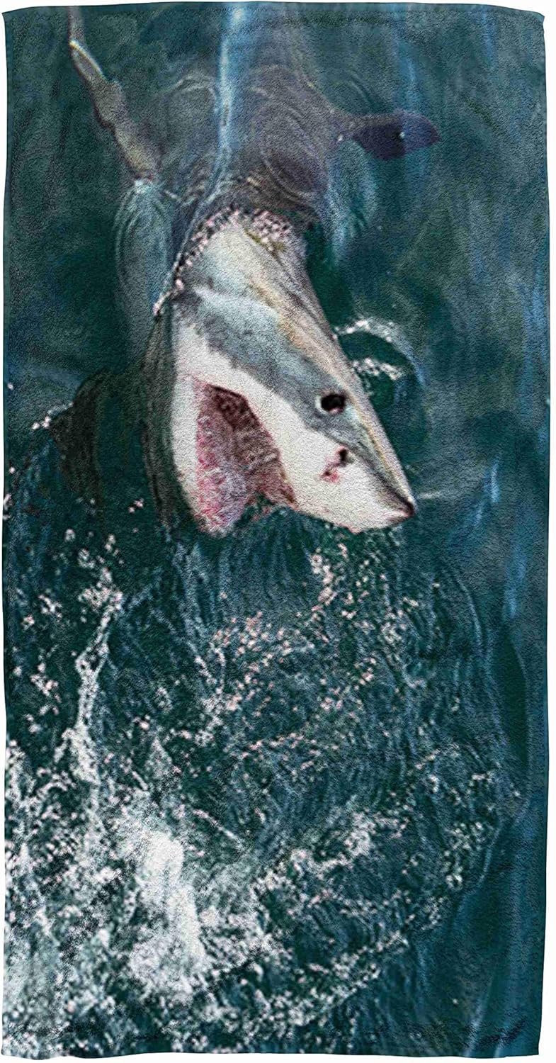 Bisead 30×60 Inch Beach Towel,Great White Open Mouth Shark Ocean Water Attack Hunting South Africa Carcharias,with (Carcharodon Carcharias) a,Large Absorbent Quick Dry,White Pink