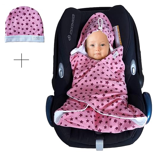 SWADDYL Einschlagdecke Maxi cosi aus Baumwolle Sommer Übergangszeit - Babyschale, Autositz im SET mit Babymütze ÖKO-TEX (Rosa