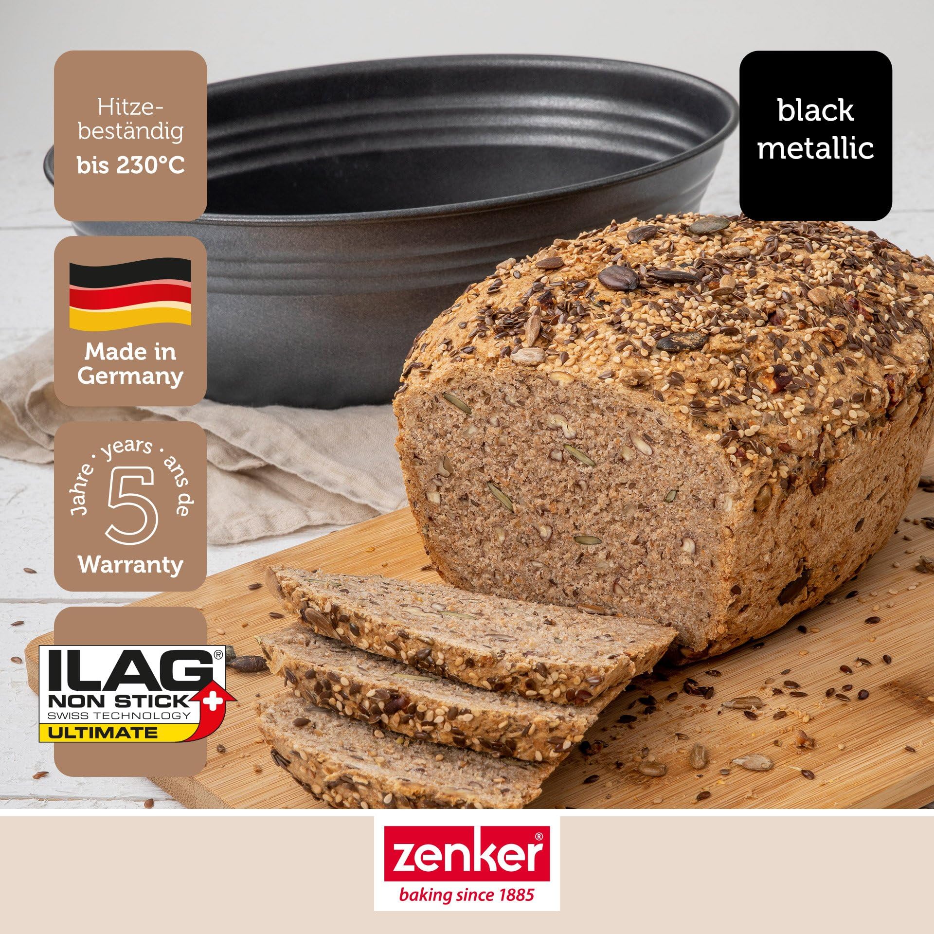 Zenker Brotform oval BLACK METALLIC, Brotbackform mit keramisch verstärkt Antihaftbeschichtung, Kuchenform aus hochwertigem Stahlblech, Backform für Brot (Farbe: Schwarz), Menge: 1 Stück 3