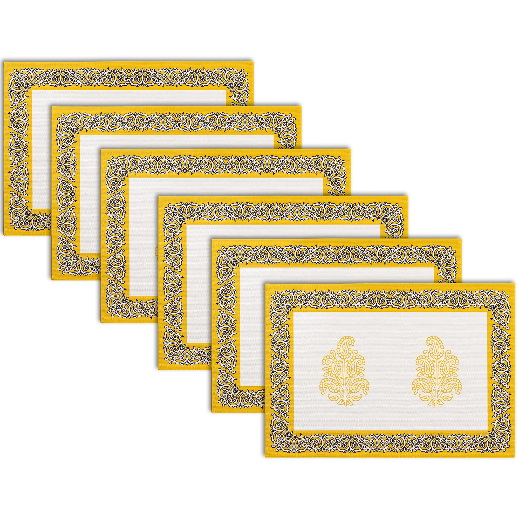 Encasa XO Dining Table Mats Set of 6 | Yellow-01 Block Printed Cotton Canvas Placemat - 46x32 cm | Jaipur Sanganeri Hand Print